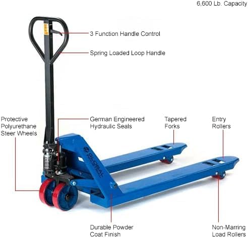 Global Industrial High Capacity Pallet Jack with 27" W x 48" L Forks, 6600 Lb. Capacity, Manual Duty Truck for Warehouse, Manufacturing and Retail, Blue Powder Coat Finish