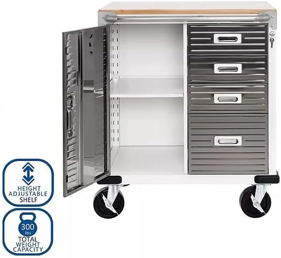 Heavy Duty Rolling Storage Cabinet with Wheels and Drawers, Workstation for Garage, Office, Workshop, 1 Door, 4 Drawer (28" W x 25" D x 34.5" H), White