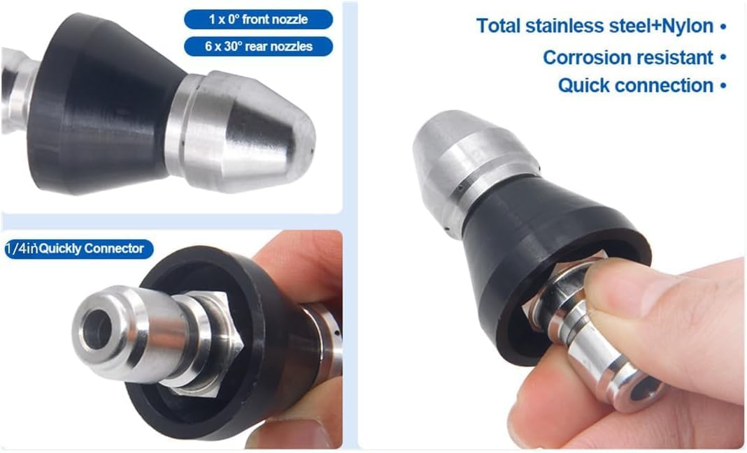 2 Sets Pressure Cleaning Machine - Sewer Nozzle Set, Front & Rear Nozzles, Stainless Steel 1/4" Quick Connector, 5000 PSI