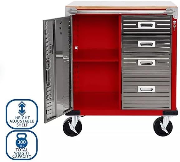 Heavy Duty Rolling Storage Cabinet with Wheels and Drawers, Workstation for Garage, Office, Workshop, 1 Door, 4 Drawer (28" W x 25" D x 34.5" H), Red
