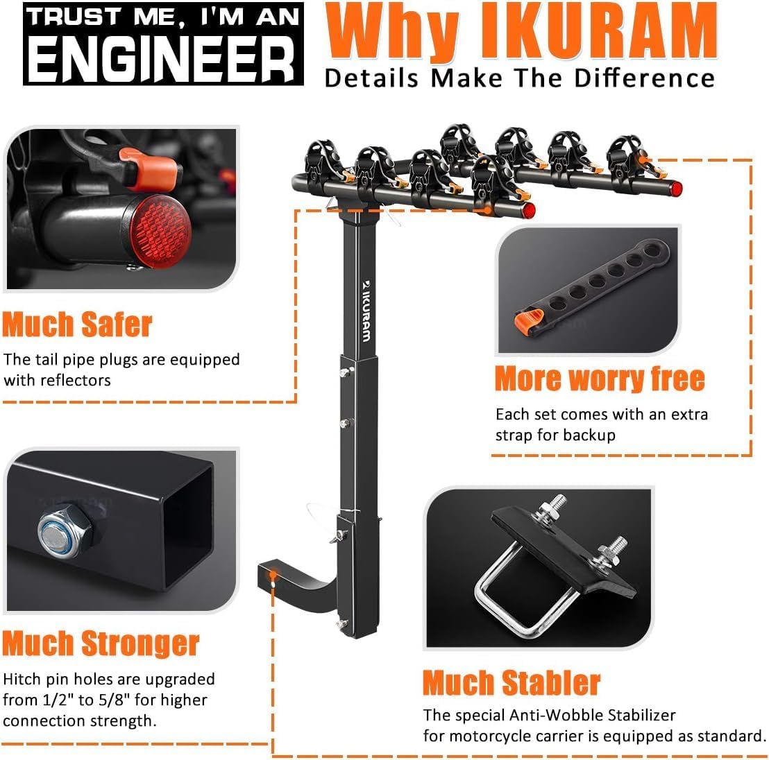 3 Bike Rack Bicycle Carrier Racks Hitch Mount Double Foldable Rack for Cars Truck SUV Fits 2" Receiver, Tie Down Strap, Anti-Rattle Hitch Tightener & Locking Hitch Pin