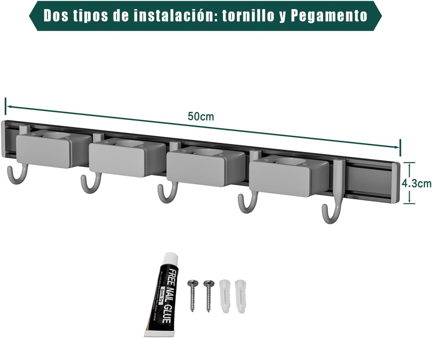 Broom Holder Wall Mount Movable Hooks and Clips Mop and Broom Hanger Wall Mounted Aluminum Garage Tool Organizer Storage adhesive (30cm, Grey)