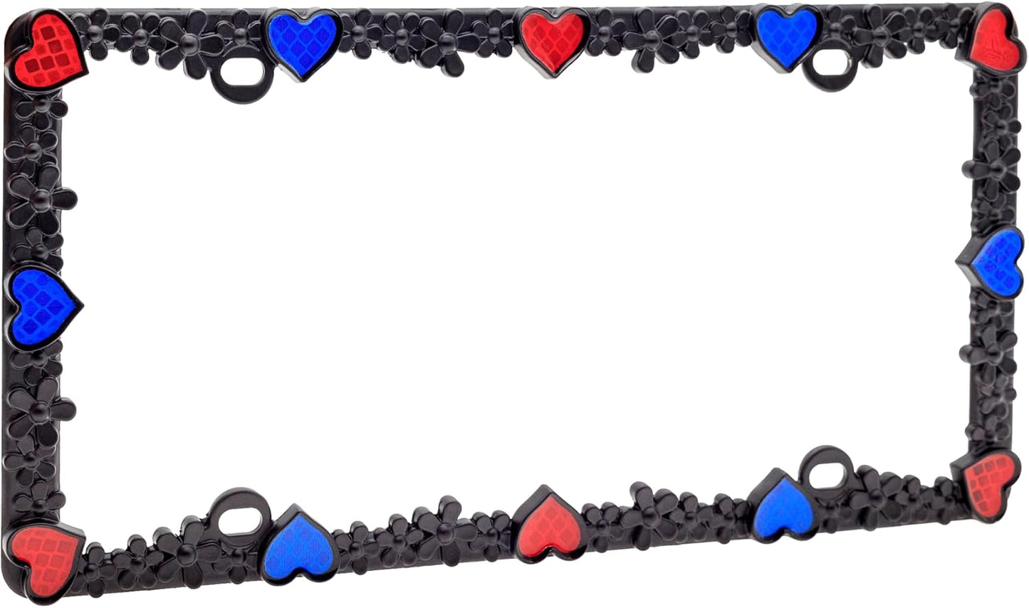 Creathome 3D Daisy Heart License Plate Frame from Pure Zinc Alloy Metal Perfect Plate Holder, Matt Black Daisy with Red and Blue Reflective Heart