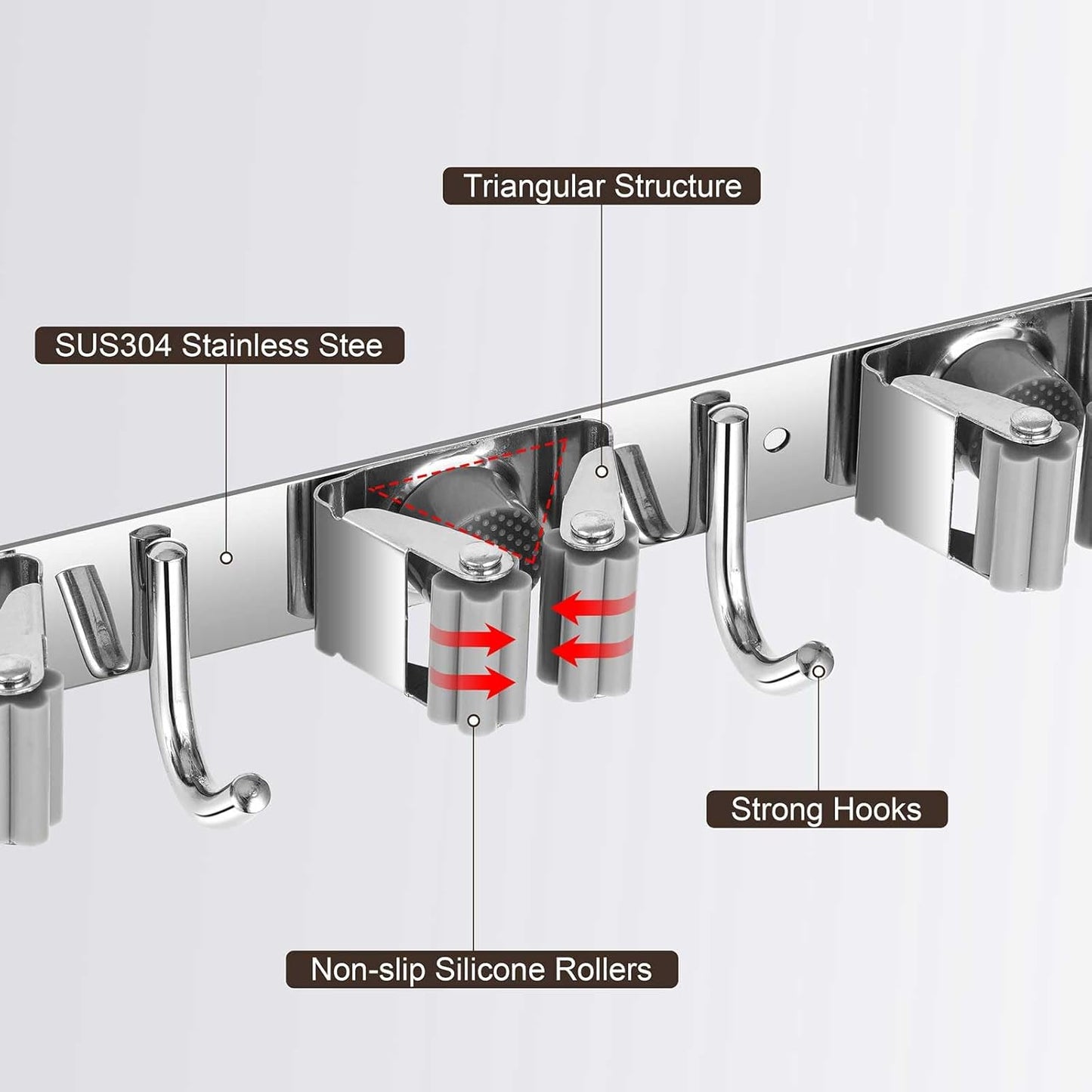 Broom Holder Wall Mount, Stainless Steel Broom Hanger Wall Mount, Heavy Duty Mop and Broom Holder Tool Racks Utility Hooks for Laundry Room Garden Garage, Grey (4 Racks and 5 Hooks)