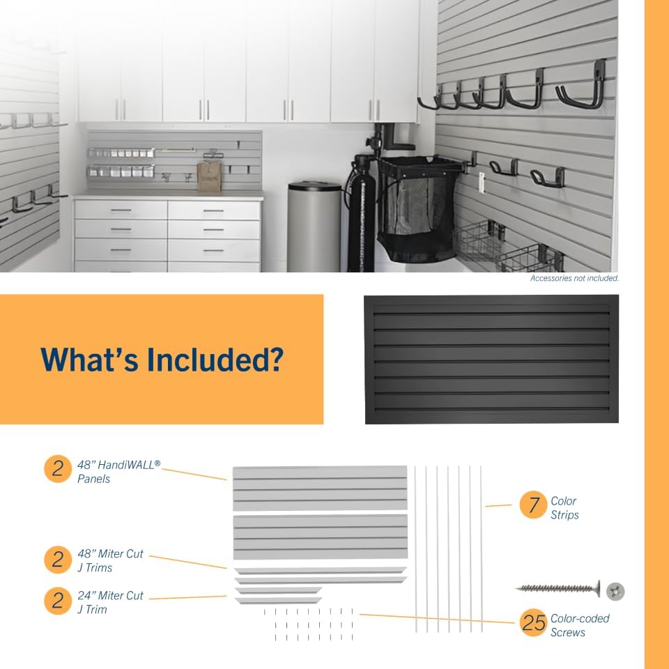 HANDIWALL (BLACK) PVC Slatwall Garage Wall Organizer, 4x2ft Heavy Duty Framed Slatwall Panel Storage Kit, Wall Mount Organizing Storage System For Slatwall Accessories