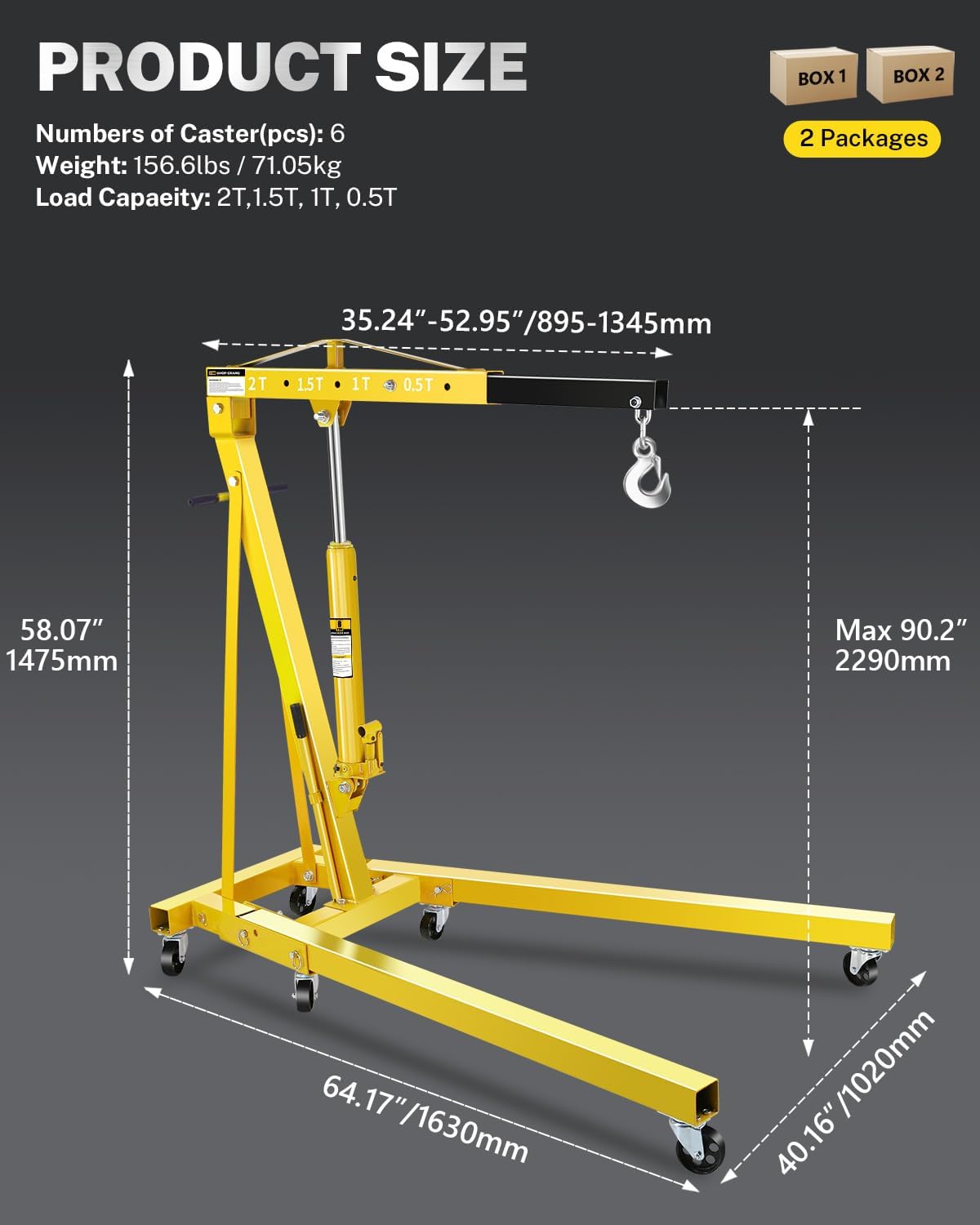 2-Ton Folding Engine Hoist, Hydraulic Shop Crane with 6 Swivel Wheels & Adjustable Boom (0.5T-2T), Heavy-Duty Cherry Picker for Garage, Workshop, Truck, Farm (Net Wt. 157 lbs)