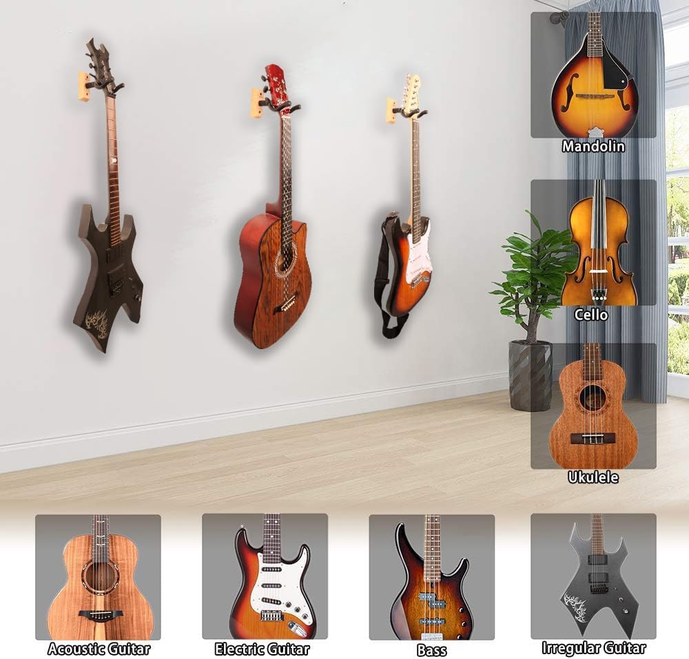 Guitar Wall Mount Hanger, 4-Pack Real Hardwood Guitar Hanger for Wall, Guitar Hook Holder Stand for Bass Electric Acoustic Guitar Ukulele (Beech Wood)