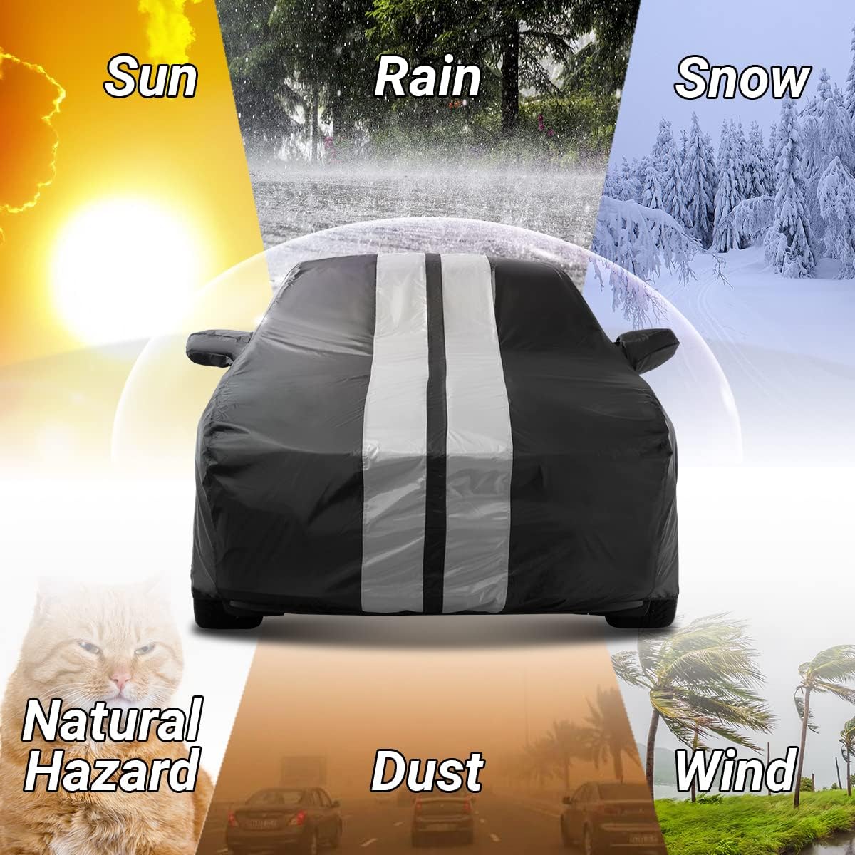 iCarCover Custom Car Cover Compatible with Mustang 2005-2025, Waterproof All Weather Rain Snow UV Sun Protector Full Exterior Indoor Outdoor Car Covers, Stripe (Black/Gray)