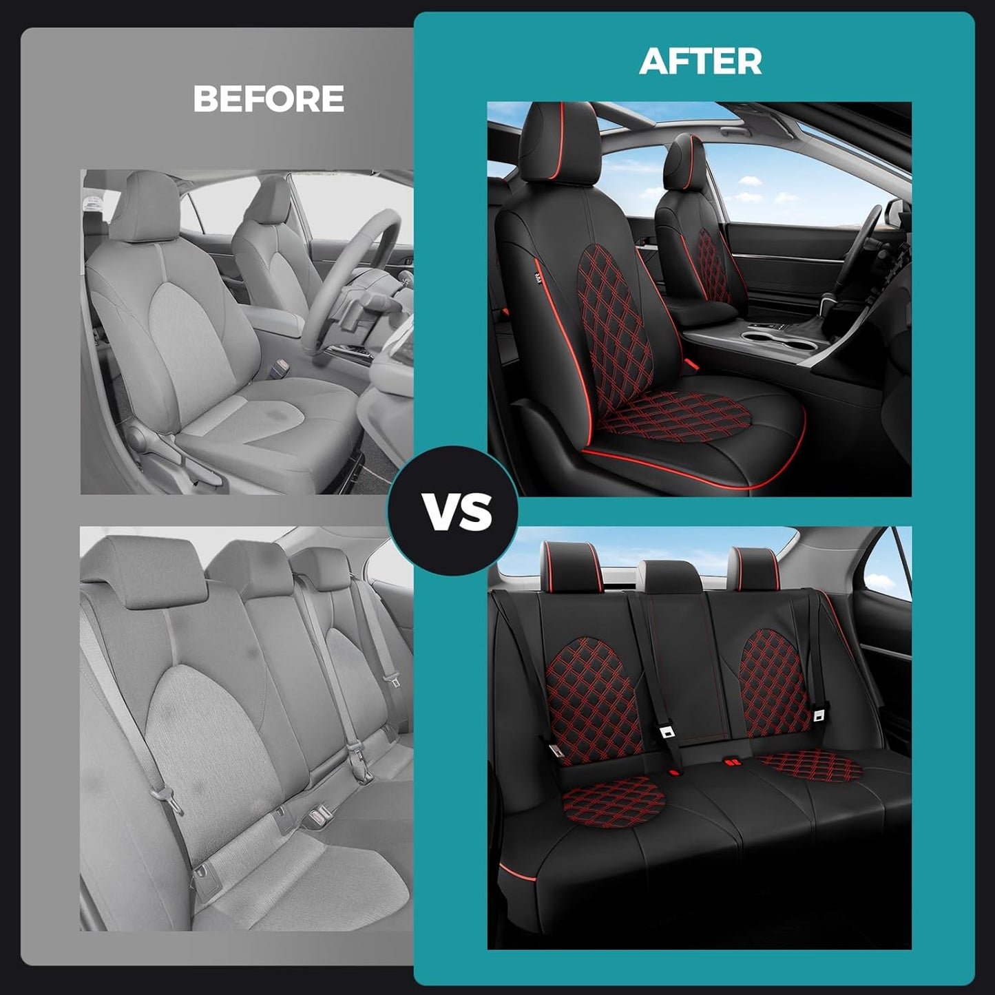 for Toyota Camry Seat Covers Hybrid XLE XSE 2018 2019 2020 2021 2022 2023 2024 - Custom Car Seat Cover Full Set, Waterproof Breathable Cushion Protector, Leather Seat Cover for Cars Black Red