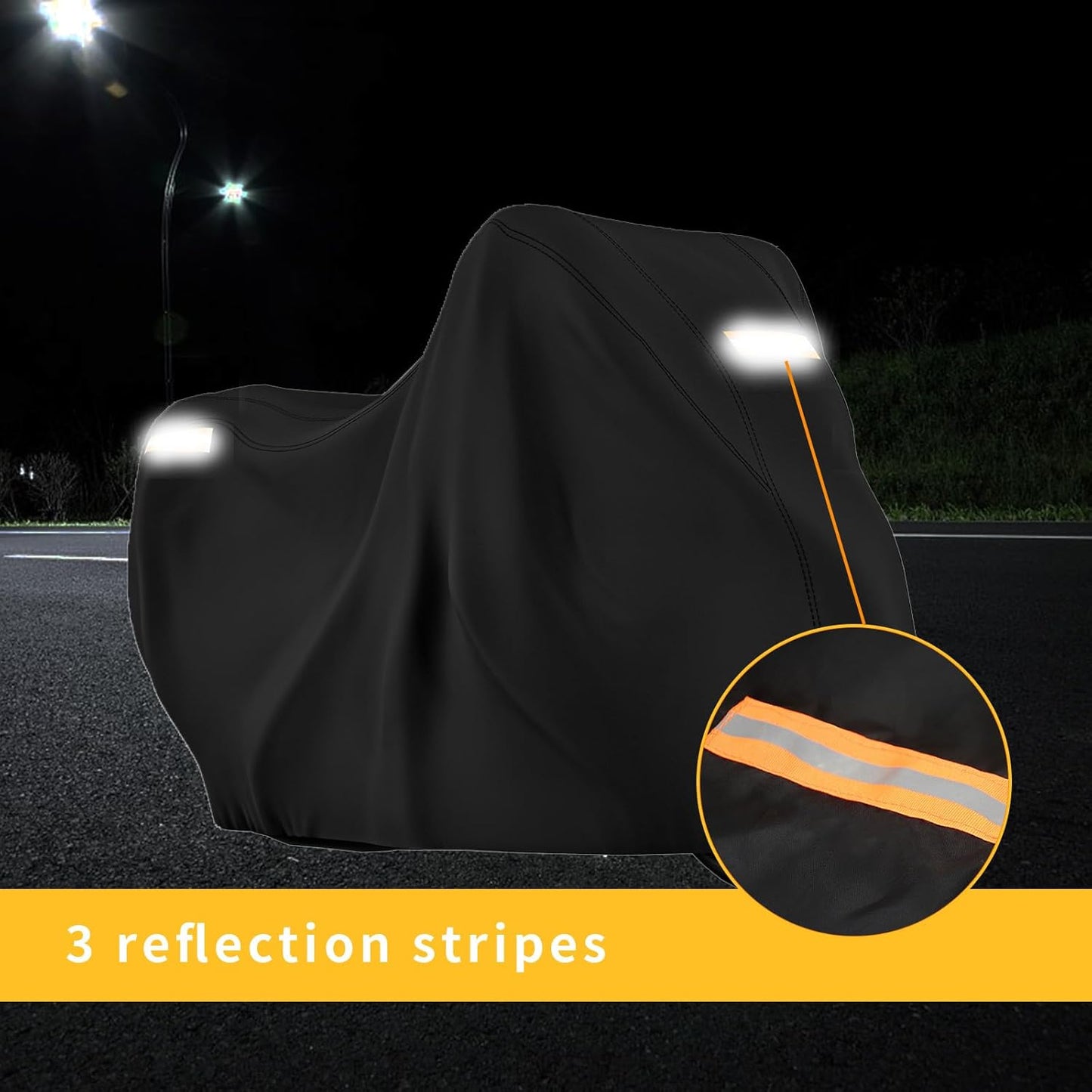 210D Motorcycle Cover All Season Waterproof Breathable Sun Outdoor Protection Three Reflective Tape with Lock-Holes & Storage Bag Bike Scooter Cover Universal (Black, 104''*41''*50'')