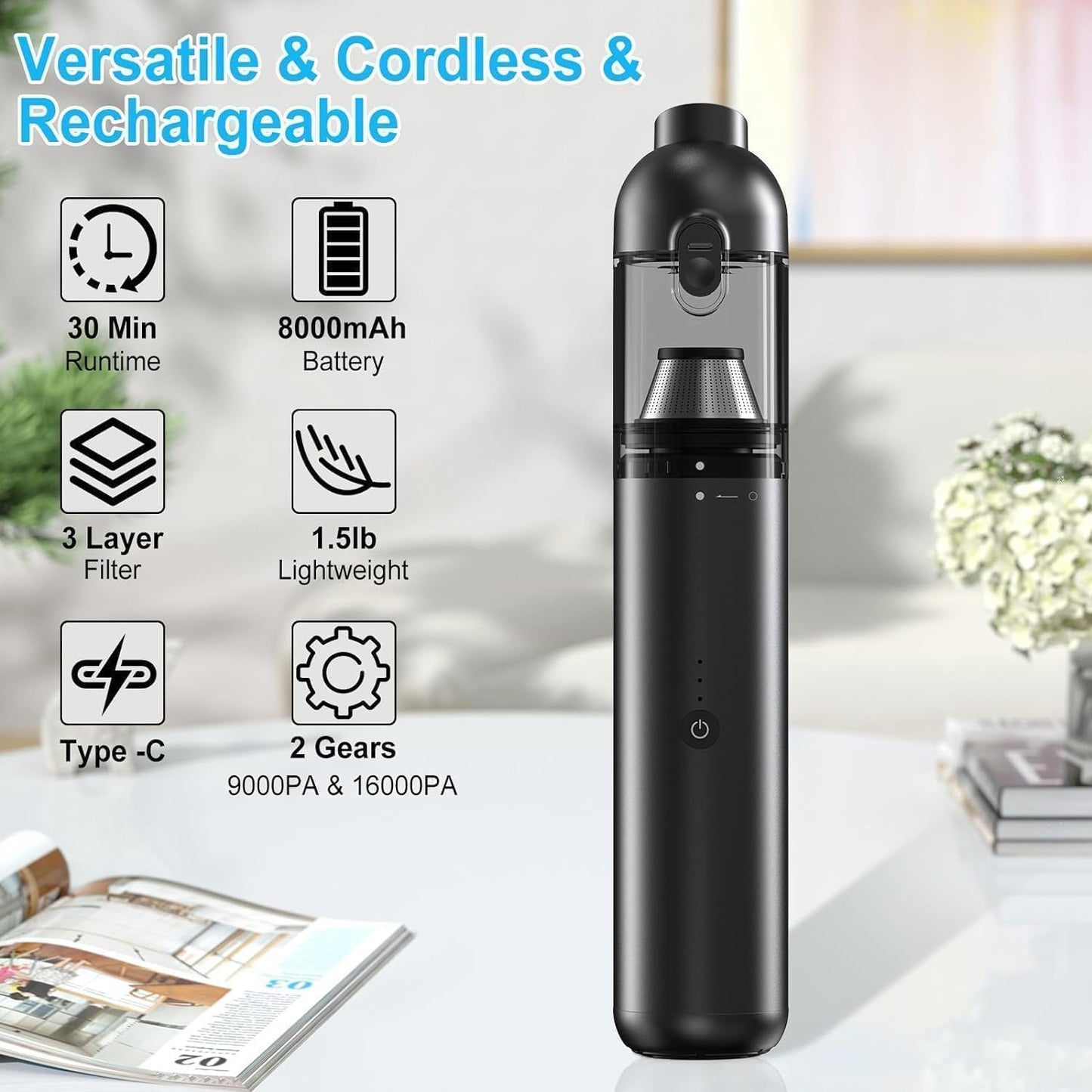 Handheld Vacuum Cordless, 16000pa Car Vacuum Cleaner High Power, 2 Speed Modes Mini Vacuum Cleaner with 2 Filters, Car Vacuum Portable Cordless with Air Blower for Home Office Pet Hair