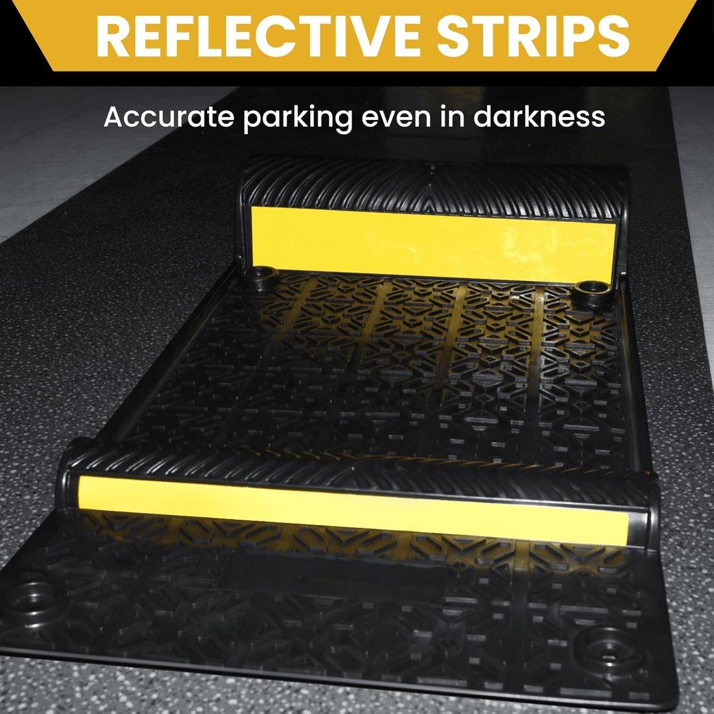 22" x 11.5" Rubber Parking Guide Mat, Heavy-Duty Wheel Stoppers with Reflective Stripes, Anti-Skid Garage Parking Mats, Self-Adhesive Vehicle Stoppers for Cars, Trucks, SUVs, Indoor/Outdoor (4)