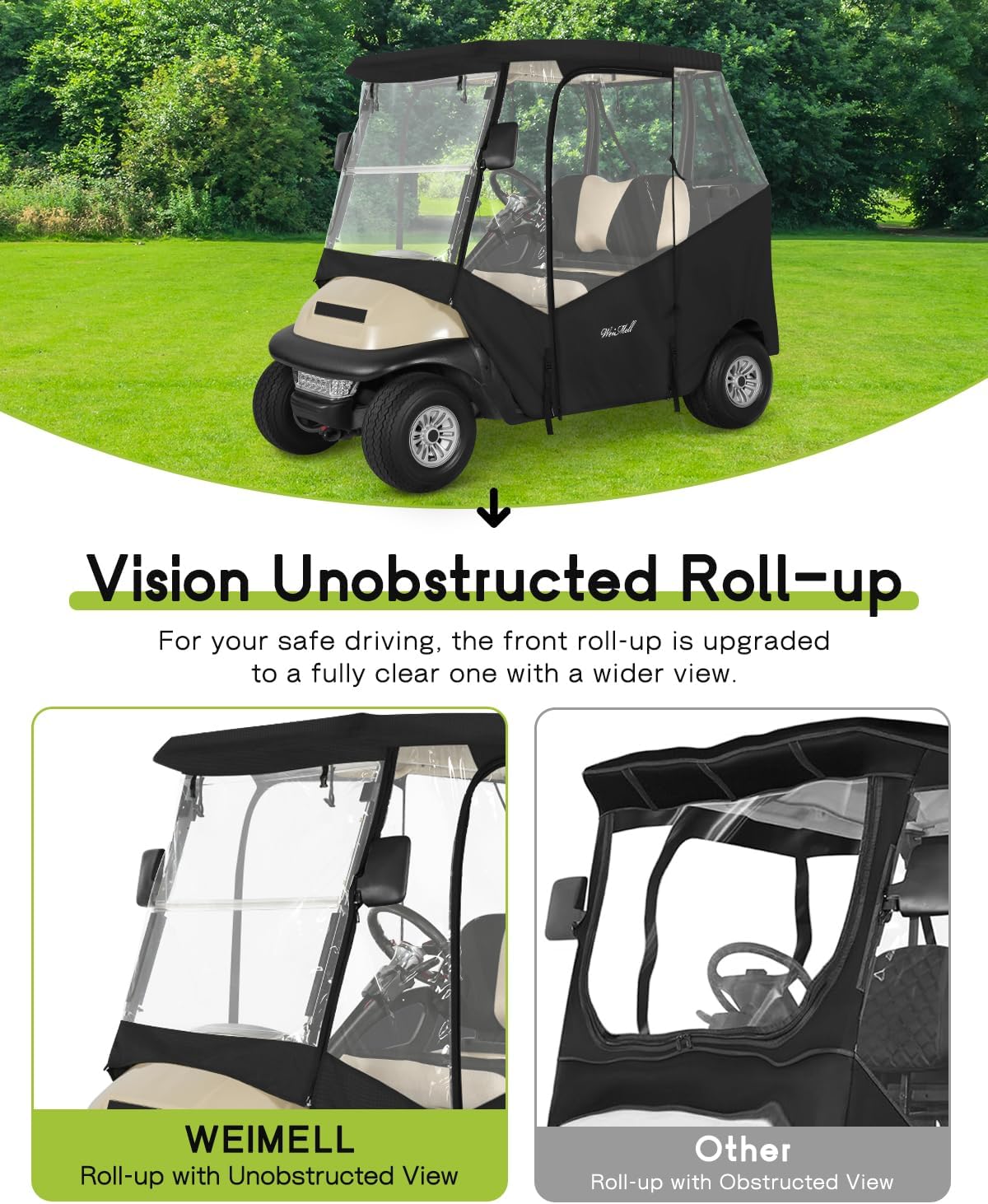 Golf Cart Enclosure 2 Passenger for Club Car Precedent & Tempo & Onward 2-Person Seaters Waterproof Transparent Driving Rain Enclosure Cover with 4-Sided Clear Windows Mirror Zipper Roll-Up Door Black