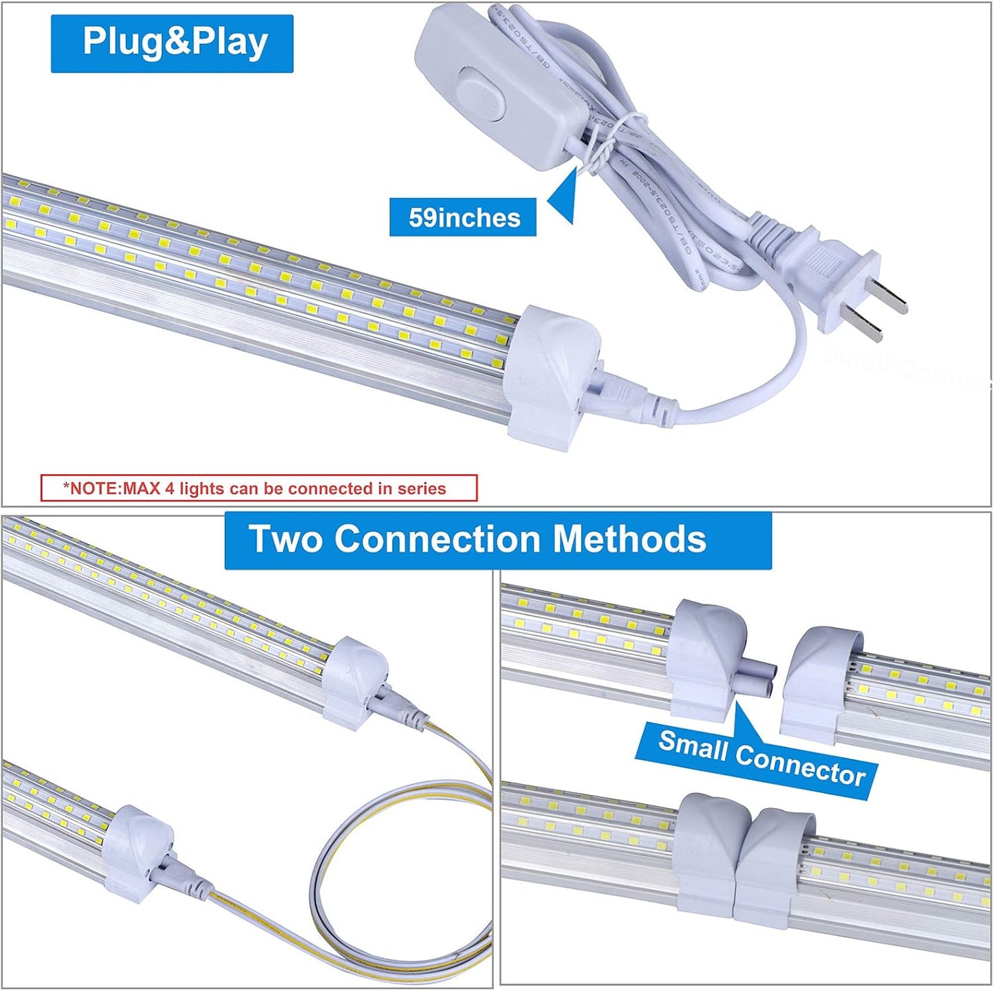 (6- Pack) 4FT LED Shop Light, 65W 5000K Daylight White 7500LM Super Bright T8 Integrated Fixture U-Shape 4 Rows Linkable Tube Lights for Garage Warehouse Workshop Basement Plug and Play