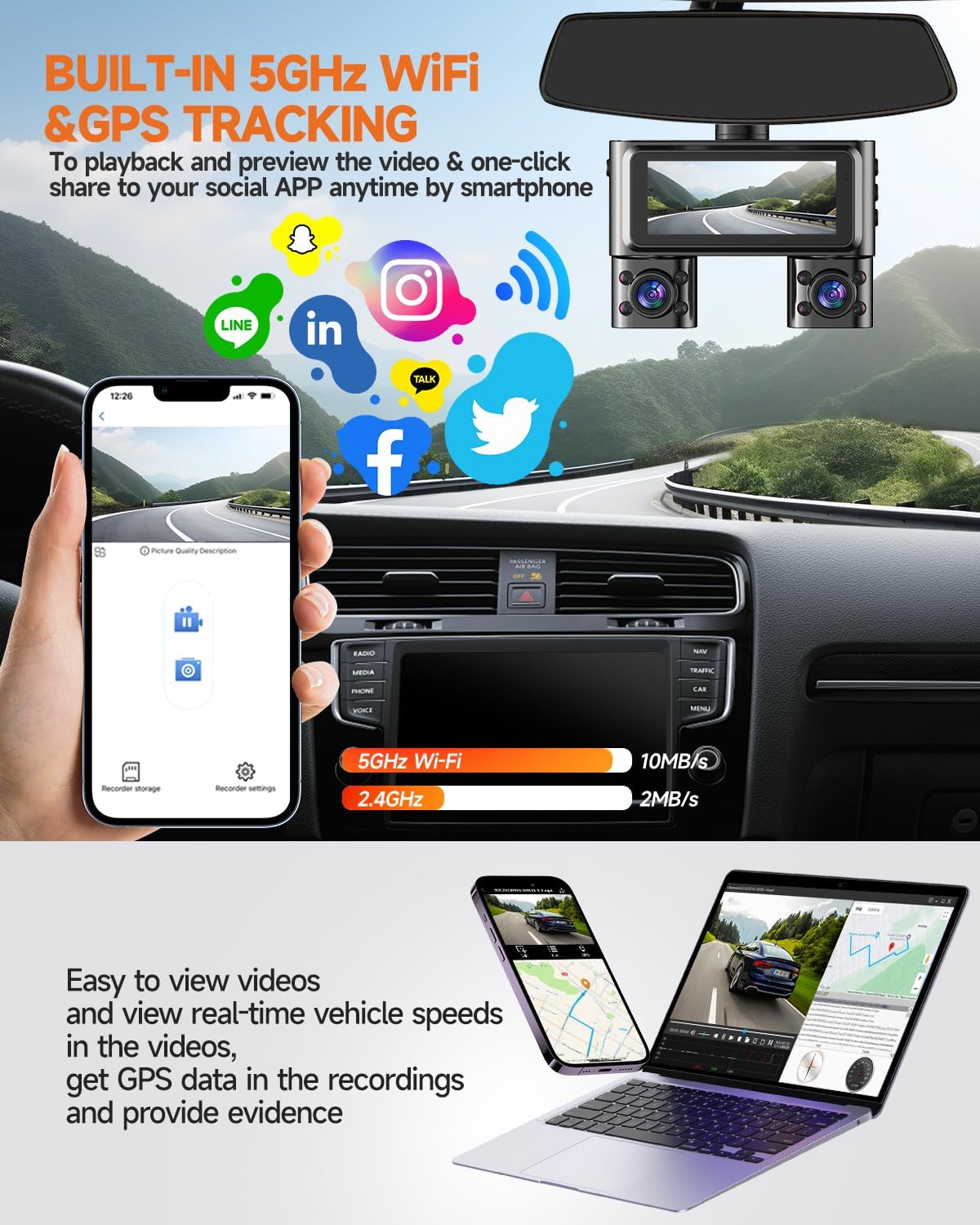 Dash Cam 360°, Dash Camera for Cars Front and Rear Inside, 4 Channel 4K/2K FHD Mini Dashcam, Built-In WiFi, GPS,with 64GB Card, Voice Control, WDR,HDR,Night Vision, 24/7 Parking Mode(Upgraded Version)