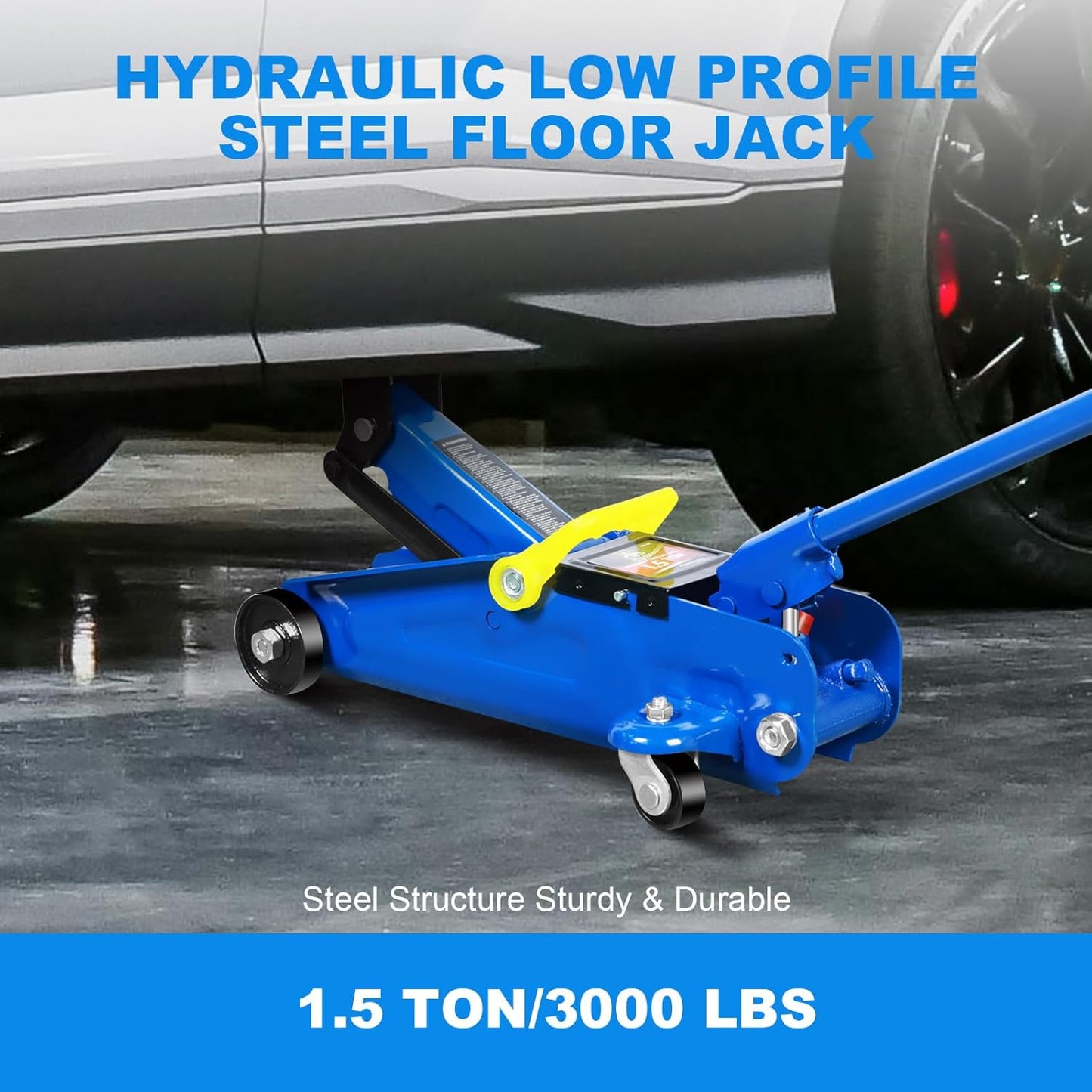 Floor Jack 1.5 Ton (3,000 LBs) Hydraulic Car Jack, Lifting Range from 5.1 Inch to 12.6 Inch, Fits Sedans Automotive Blue
