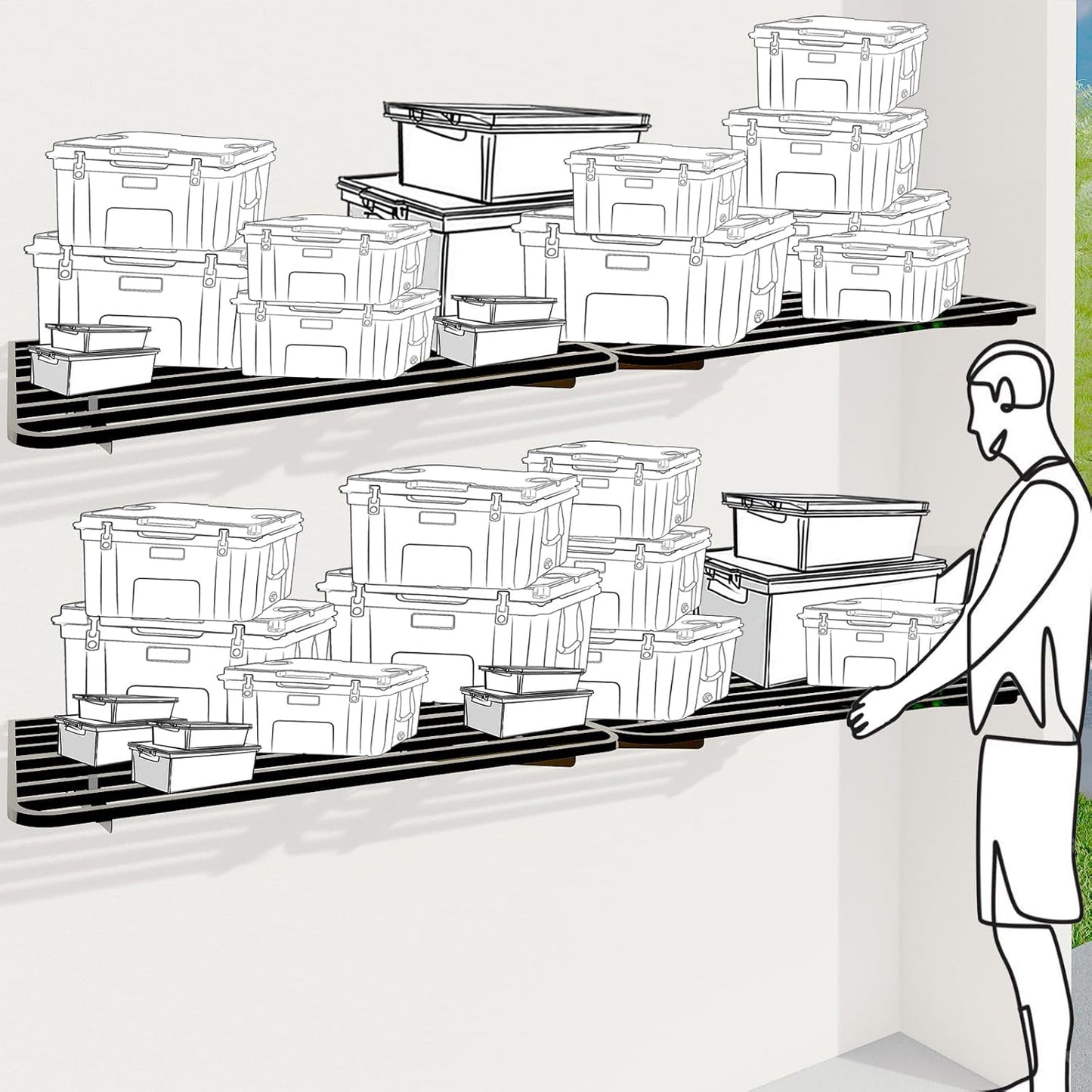 4-Pack 2x4ft Garage Shelving Wall Mounted, 4 ShelfTotal 16 ft(L) Garage Wall Storage, Heavy-Duty Storage Shelves, perfect for holding storage bins, boxes, sporting goods, tools, and more. Space-Saving