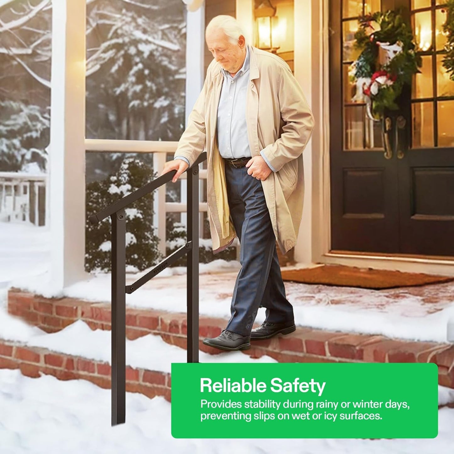 VIVOSUN Outdoor Handrail, 2 Step Stair Handrail, 26" × 36" Fits 1 to 2 Steps, Wrought Mattle Iron Handrail for Concrete Steps, Porch Steps, One-Step Assembly, Black