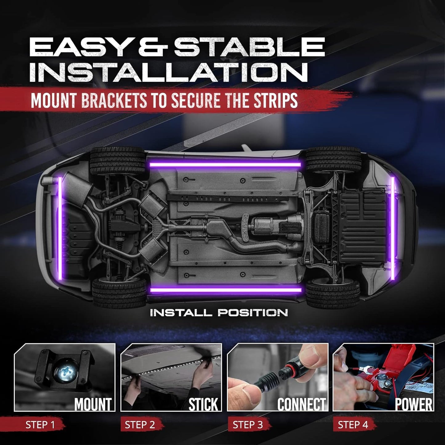 OPT7 Aura Flexible Underglow Car Lights with APP & Remote Control, Exterior Neon Accent Underbody Lighting Kit, 4 PCS RGB LED Light Strips for Cars Trucks RV, Waterproof, Multi Colors Music Mode, 12V