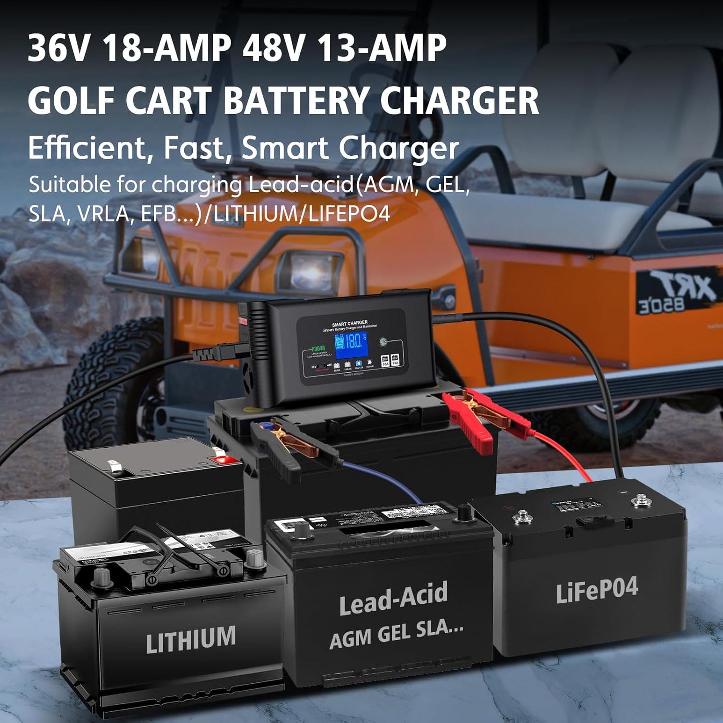 Golf cart Battery Charger, 48V 13A and 36V 18A Trickle Charger,48 Volt Golf Charger,for EZGO RXV&TXT Smart Charger,Lithium,LiFePO4,Lead-Acid AGM/Gel/SLA..Battery Chargers,3-Pin (Delta-Q)