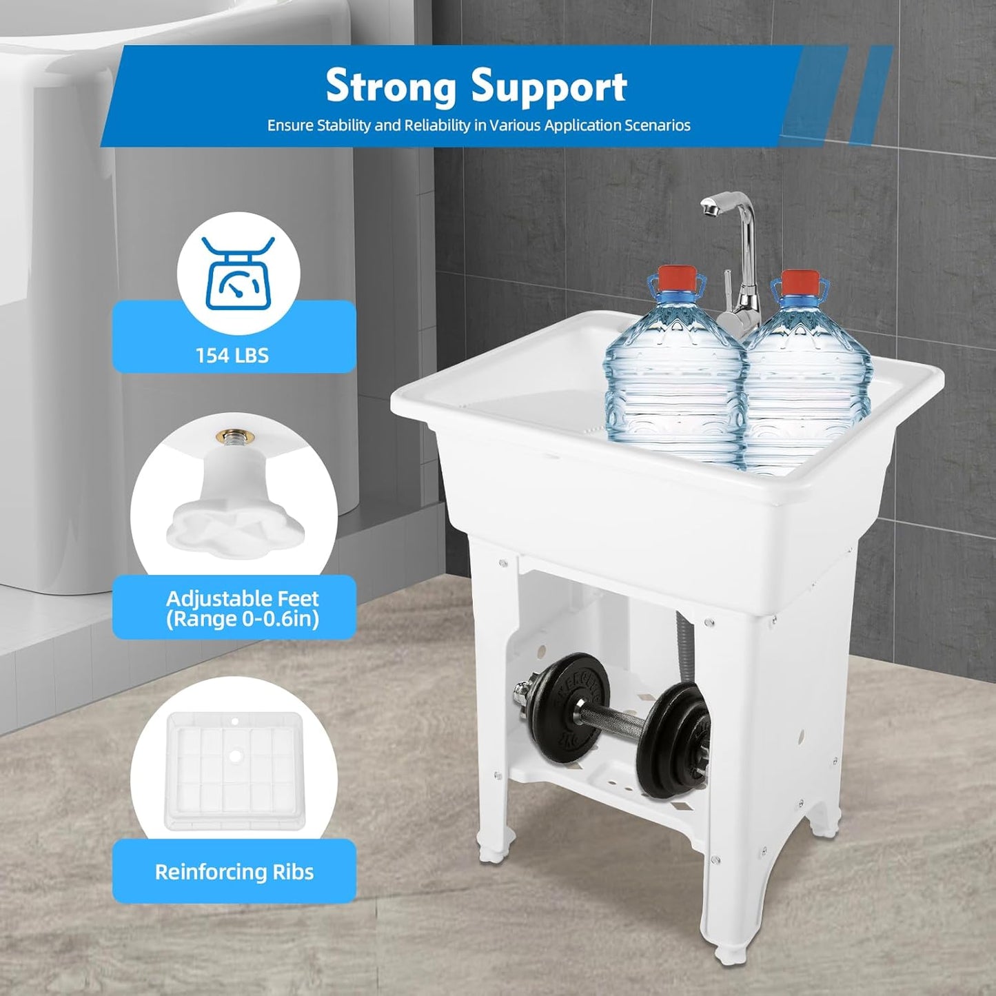 Freestanding Utility Sink Plastic Laundry Tub Sink with Storage Shelf Indoor Outdoor Slop Sink Wash Station for Bathroom Laundry Washing Room (White, 31.5 * 22.05 * 31.5in)