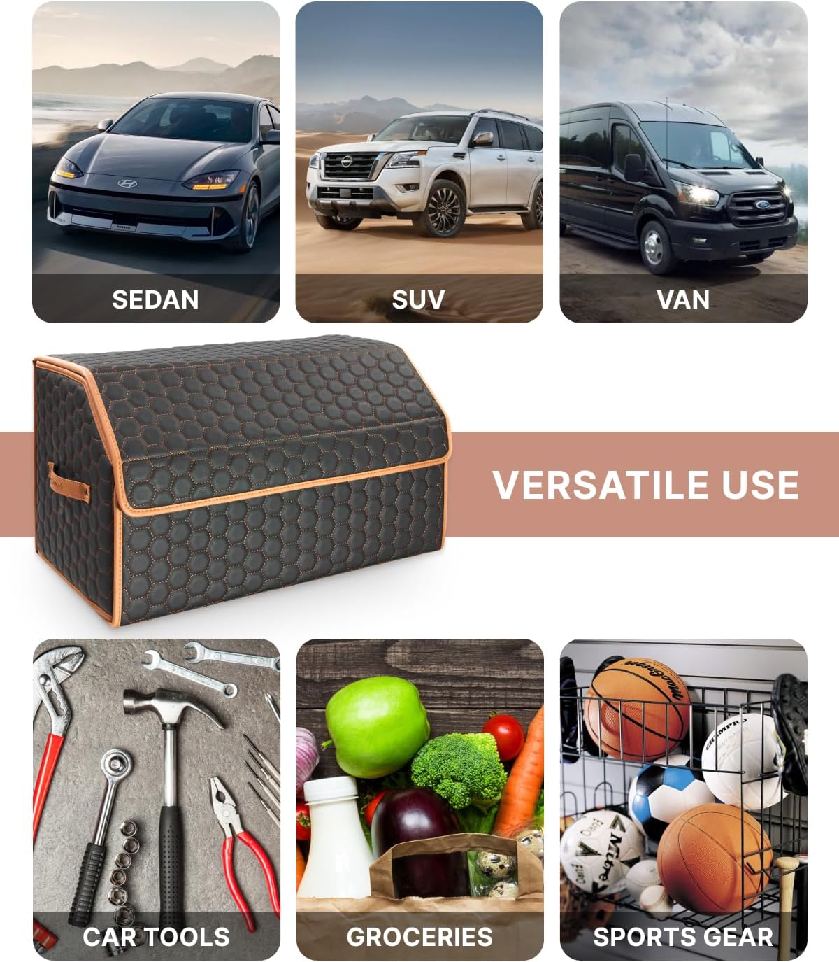 Foldable Trunk Organizer for Car Storage - Collapsible Auto Trunk Organizer With Lid - Trunk Organization (21.6 inch, Hexy)