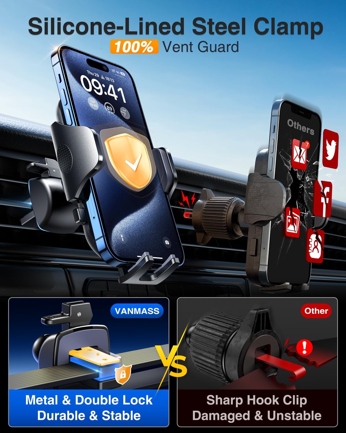 VANMASS Universal Car Phone Holder 2025ใStrongest Suction & Military-GradeใPhone Holders for Your Car Windshield Dashboard Vent withใPatent & Safety CertsใCell Phone Mount for iPhone Samsung Android
