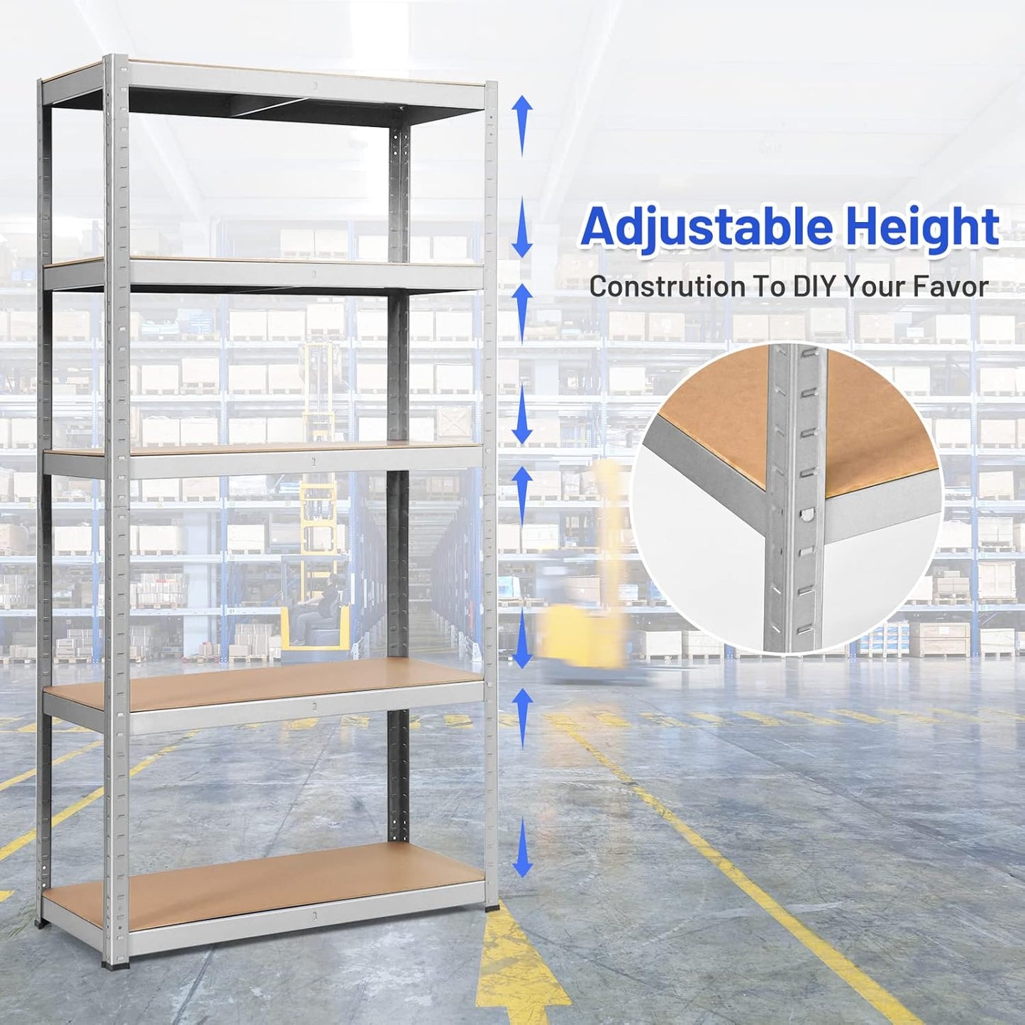 ERGOMASTER 5 Tier Utility Shelves Rack Garage Heavy Duty Steel Metal Shelving Unit with Adjustable Design, Bolt-Free Assembly & 385 LBS Wight Capacity Per Tier (1, Silver)