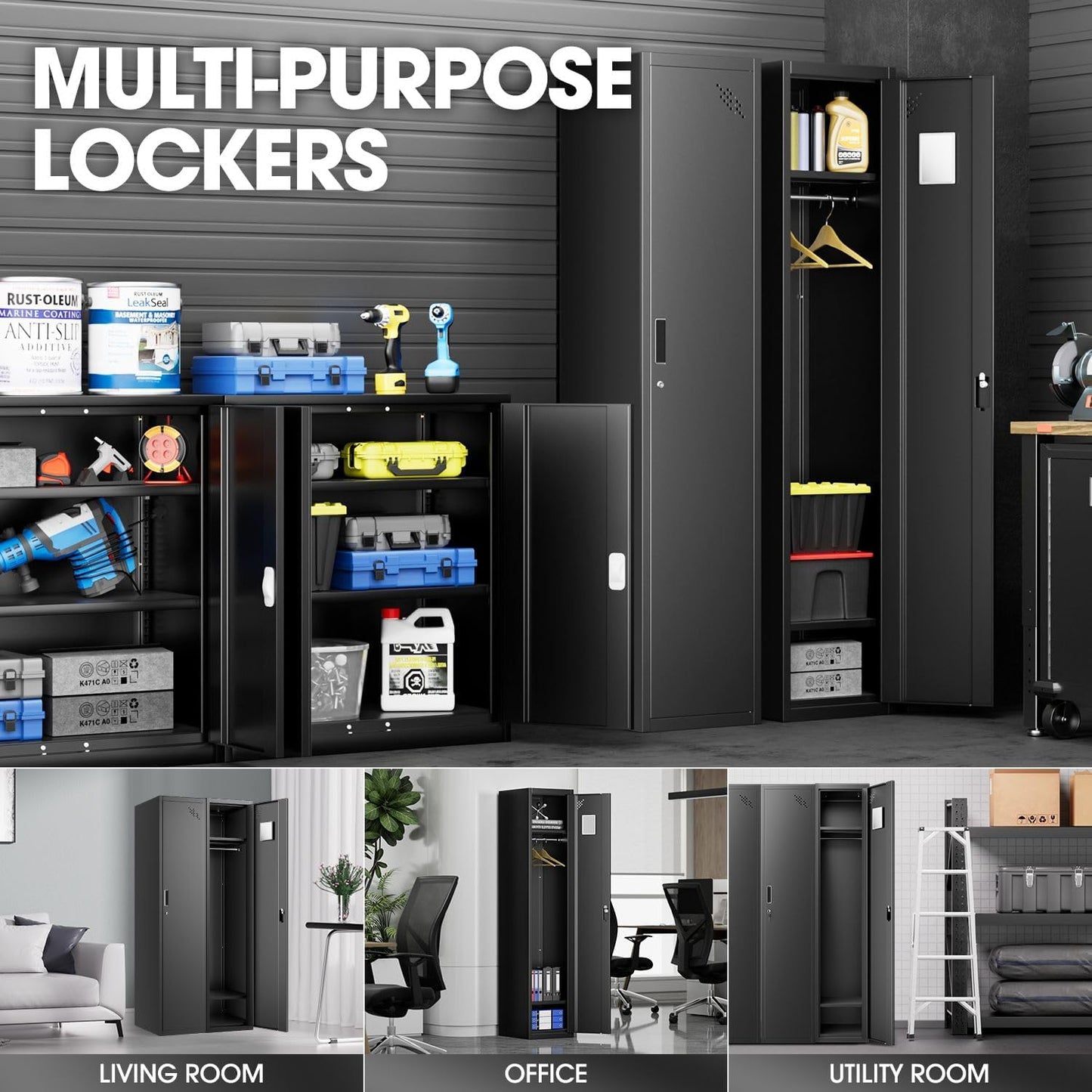 DNA MOTORING Metal Storage Cabinet for Employees with Keys, 71" Employees Metal Locker with 1 Doors, Tall Storage Lockers for Garage,Office,Home,Gym, Black, TOOLS-00787-BK-BK