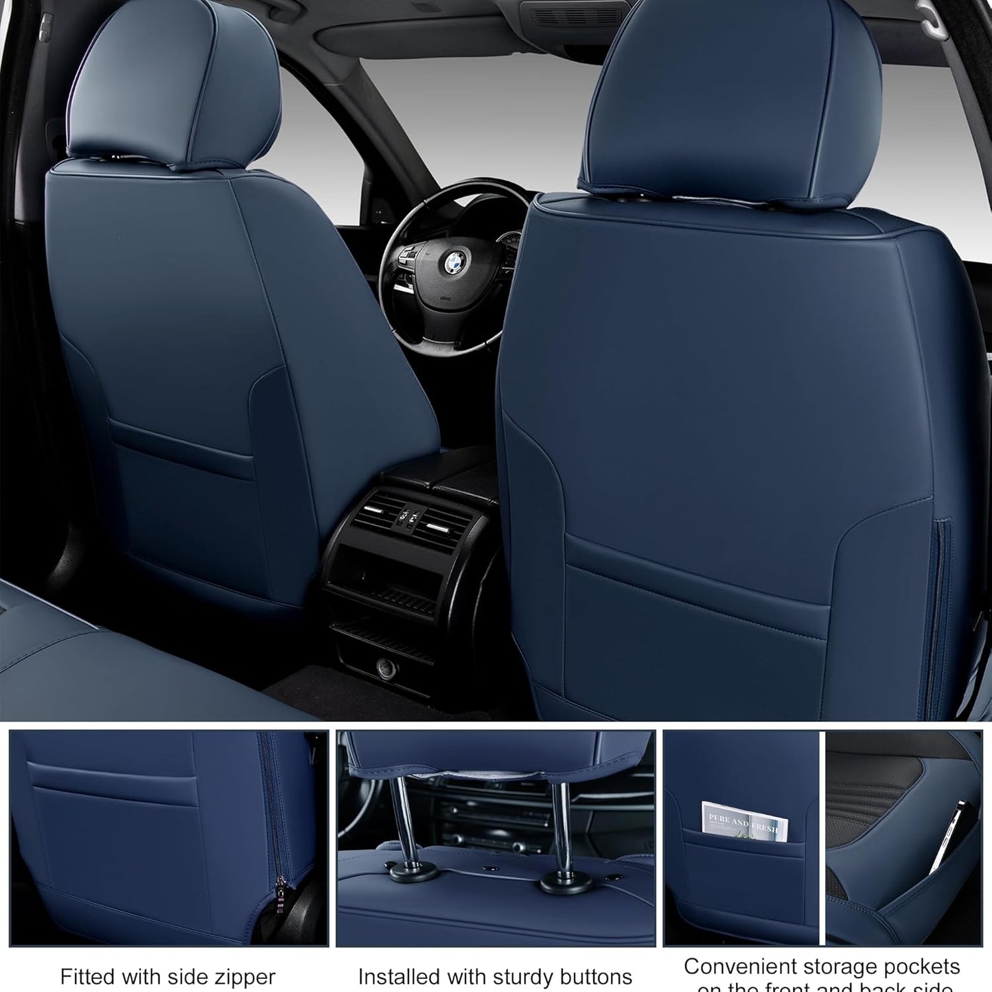 Front Seat Covers, 2 Pieces Universal Seat Covers for Cars, Waterproof Leather Auto Seat Protectors with Head Pillow, Car Seat Cushions Fit for Most Sedans SUV Pick-up Truck, Black&Navy