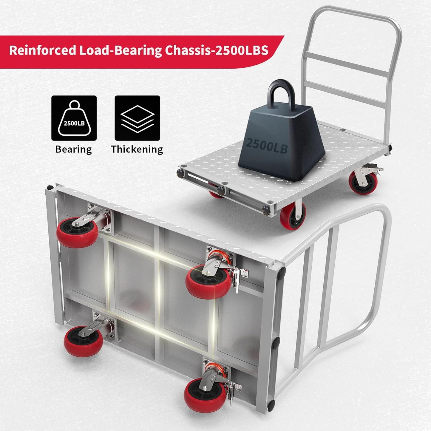 2IN1 Steel Panel Truck Cart, Lumber Cart Drywall Dolly,2500LBS Heavy Duty Flatbed Cart Dolly with 6" Swivel Brake Wheels, 40x24INCH 2MM Plate Platform Truck with 1Front and 3Side Handrails