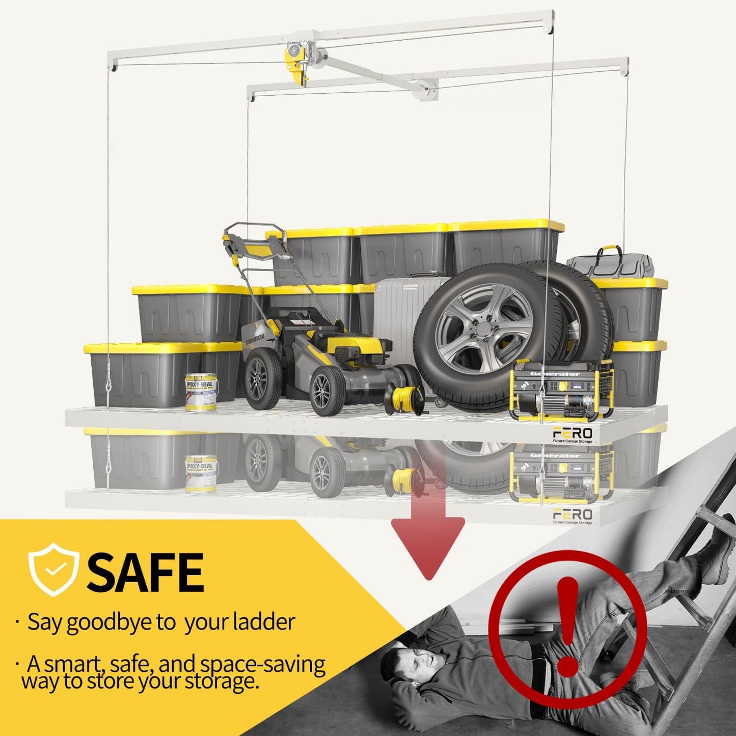 Garage Ceiling Storage Racks – 4x8 FT Overhead Garage Storage Rack with Safety Lock, Heavy-Duty Ceiling Mounted Lift System and Storage Organizer, Ideal for Maximizing Overhead Space, 325 lbs Capacity