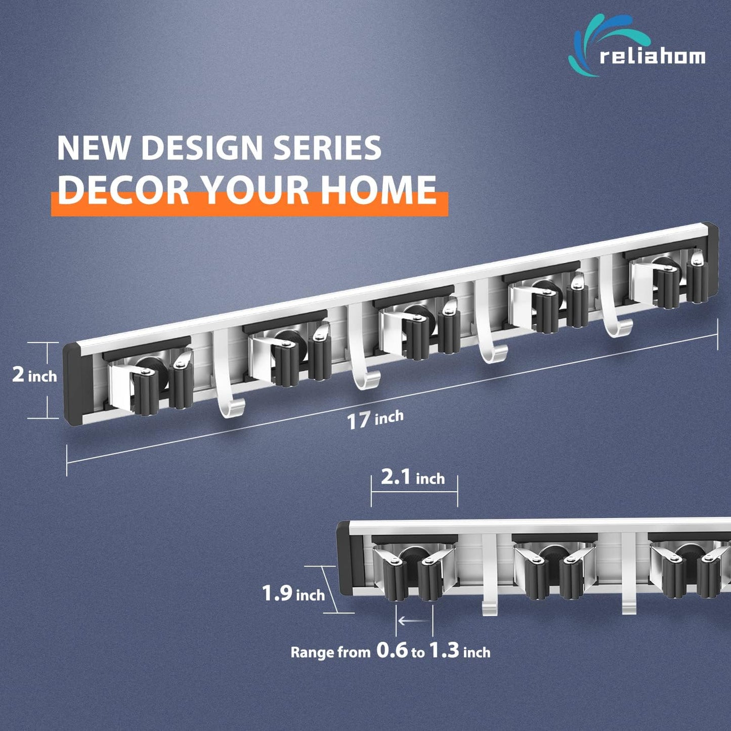 2 Pack Broom Holder Wall Mount Mop and Broom Hanger Wall Mounted Garage Storage Rack Kitchen Garden Tool Organizer (5 Racks with 4 Hooks, Black)