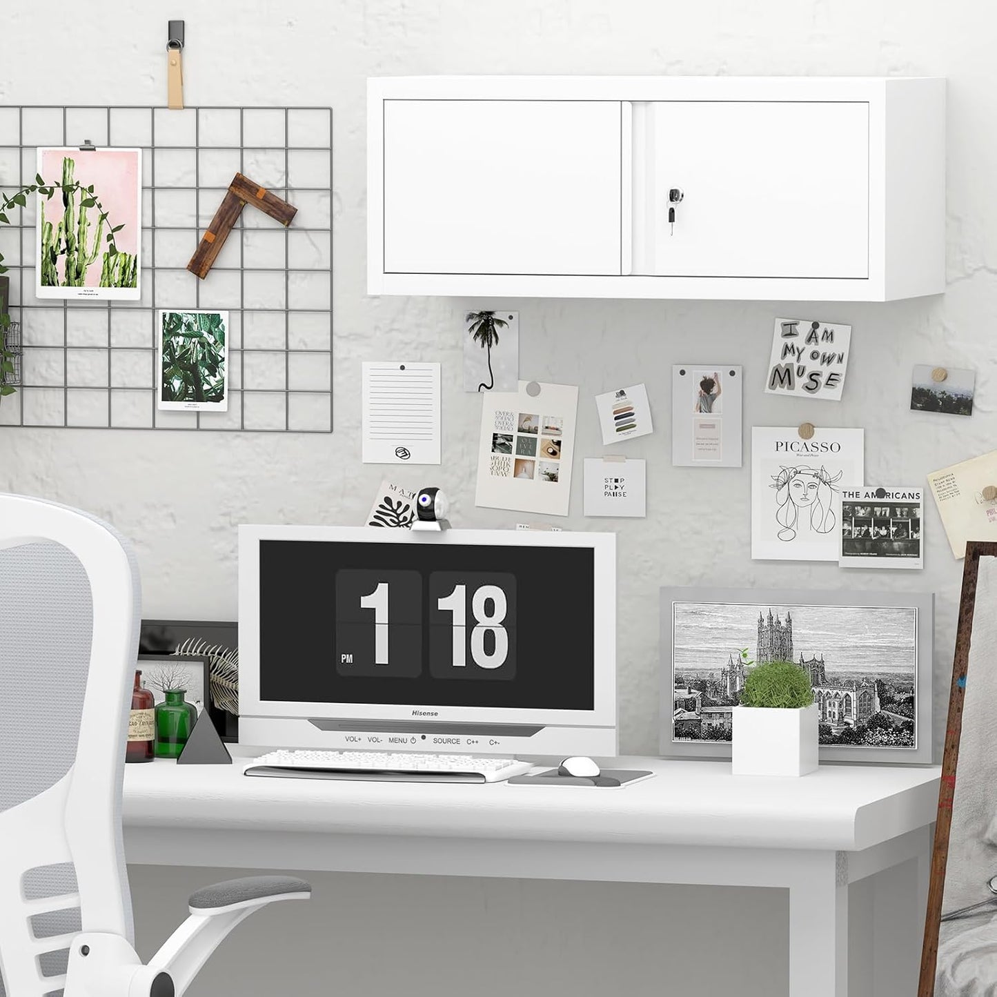 GREATMEET Locking Cabinet, Garage Storage Cabinet, Metal Wall Mounted Storage Cabinets with Doors for Garage, Hanging Floating (White, 13" H)