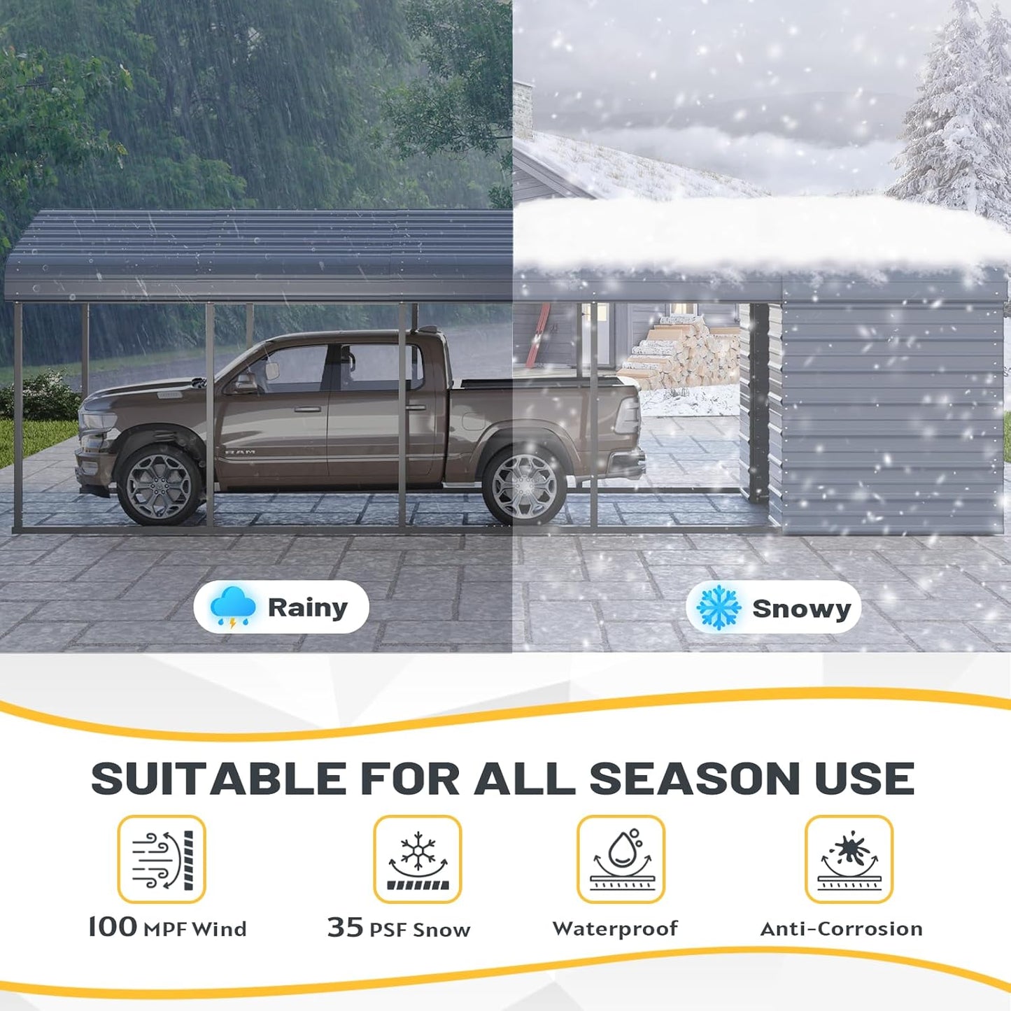 EROMMY 12x25 FT Carport Storage Shed 2-in-1, Heavy Duty Car Port with Galvanized Metal Frame, Base-Reinforced Enclosed Storage Shelter, Extended Coverage for Trucks, Cars & All Vehicles, Gray