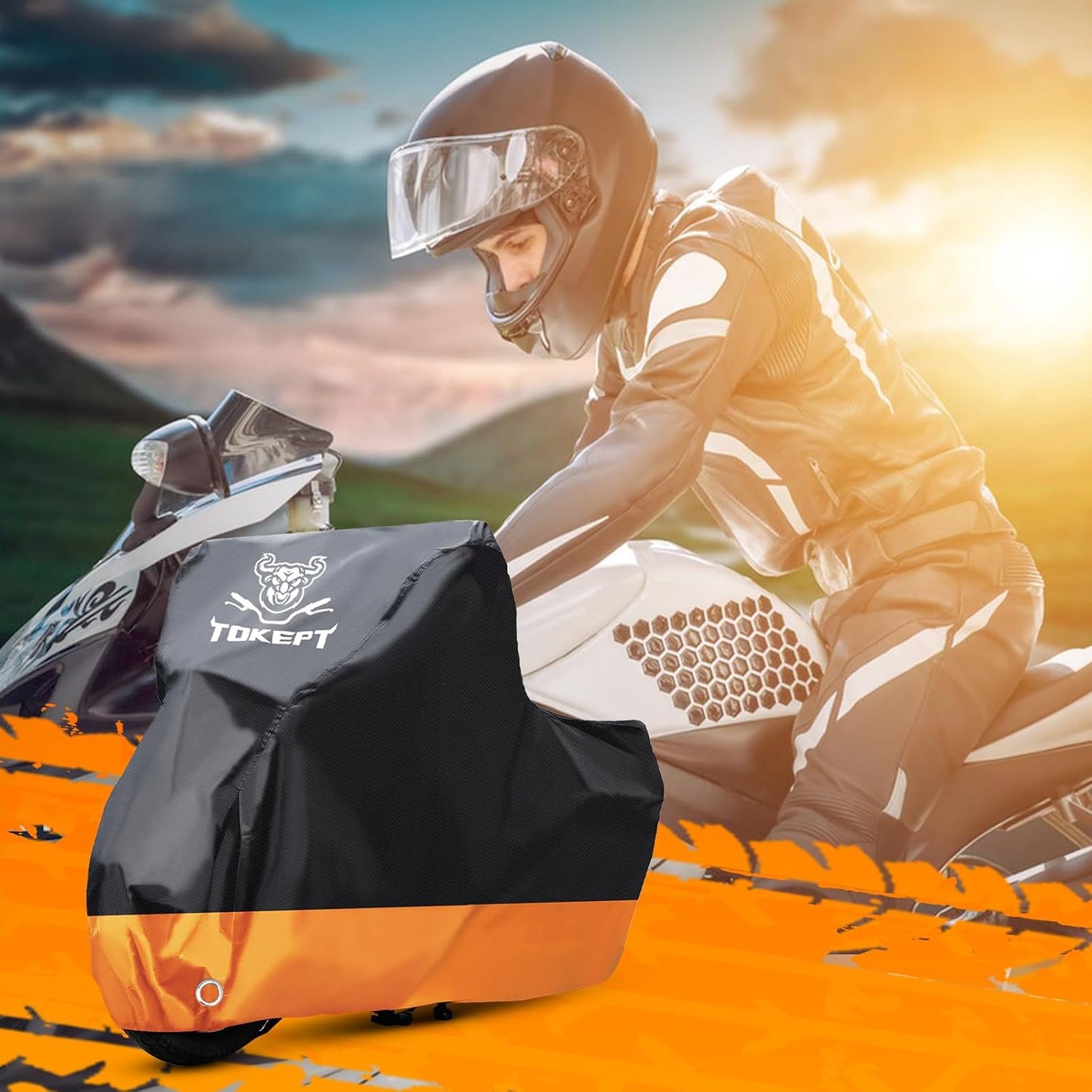 Motorcycle Cover, All-Season Waterproof Outdoor Sun Protection Fit up to 116 Inch Harley-Davidson Honda Suzuki Kawasaki Yamaha (XXXL Black&Orange)