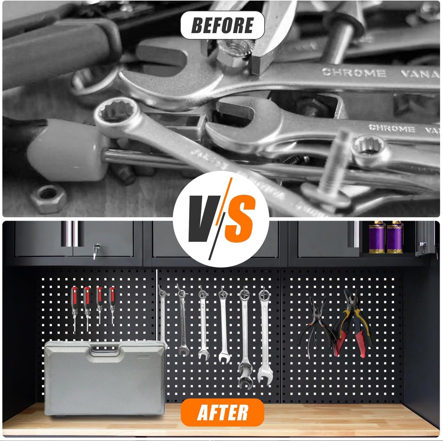 Garage Storage Cabinet System 9-Pcs Workshop Set Garage Cabinets and Storage System with Steel Cabinet Drawers, Rolling Chest, Workbench, Pegboard for Garage Tool Organization, Black and Grey