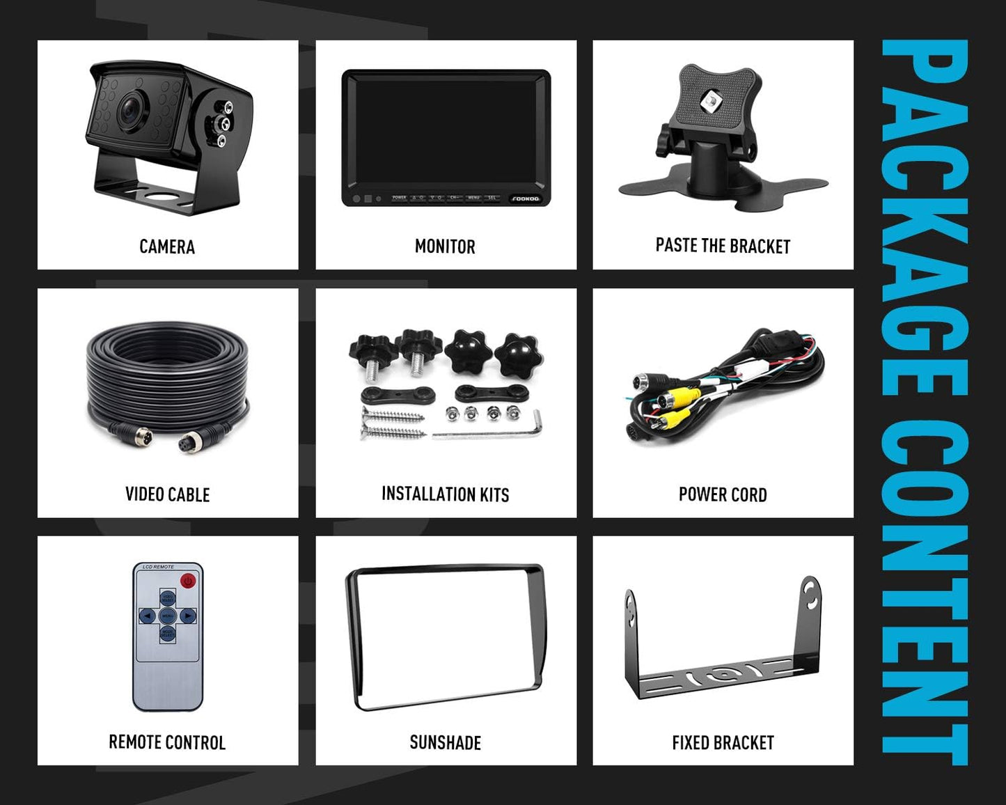 FOOKOO Ⅱ HD Backup Camera System Kit,7''1080P Reversing Monitor+IP69 Waterproof Rear View Camera,Sharp CCD Chip, 100% Not Wash Up,Truck/Semi-Trailer/Box Truck/RV (FHD1-Wired)