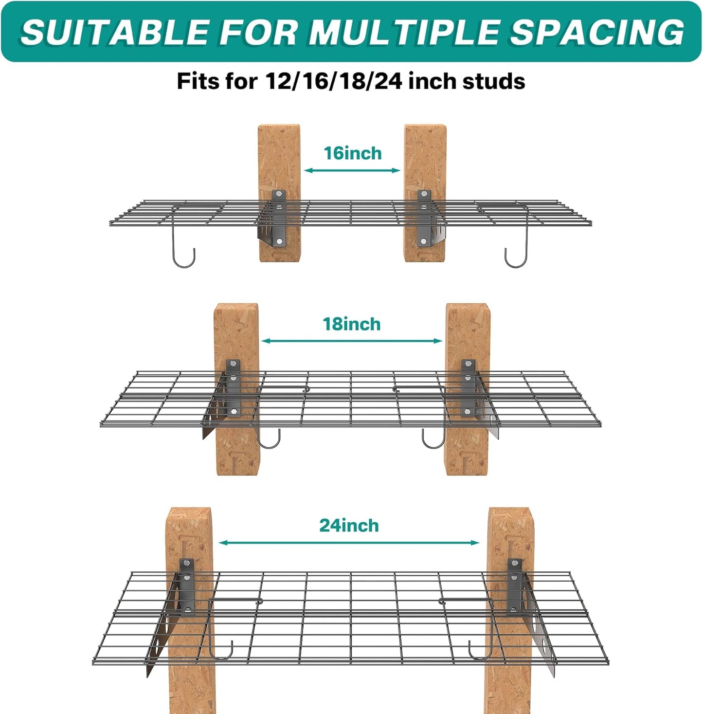 EVERHANGER Wall Mounted Garage Wall Shelves, 2 x 4 ft Metal Storage Shelves, Heavy Duty Wall Shelving with Hooks, Holds Up to 220 Lbs, Black