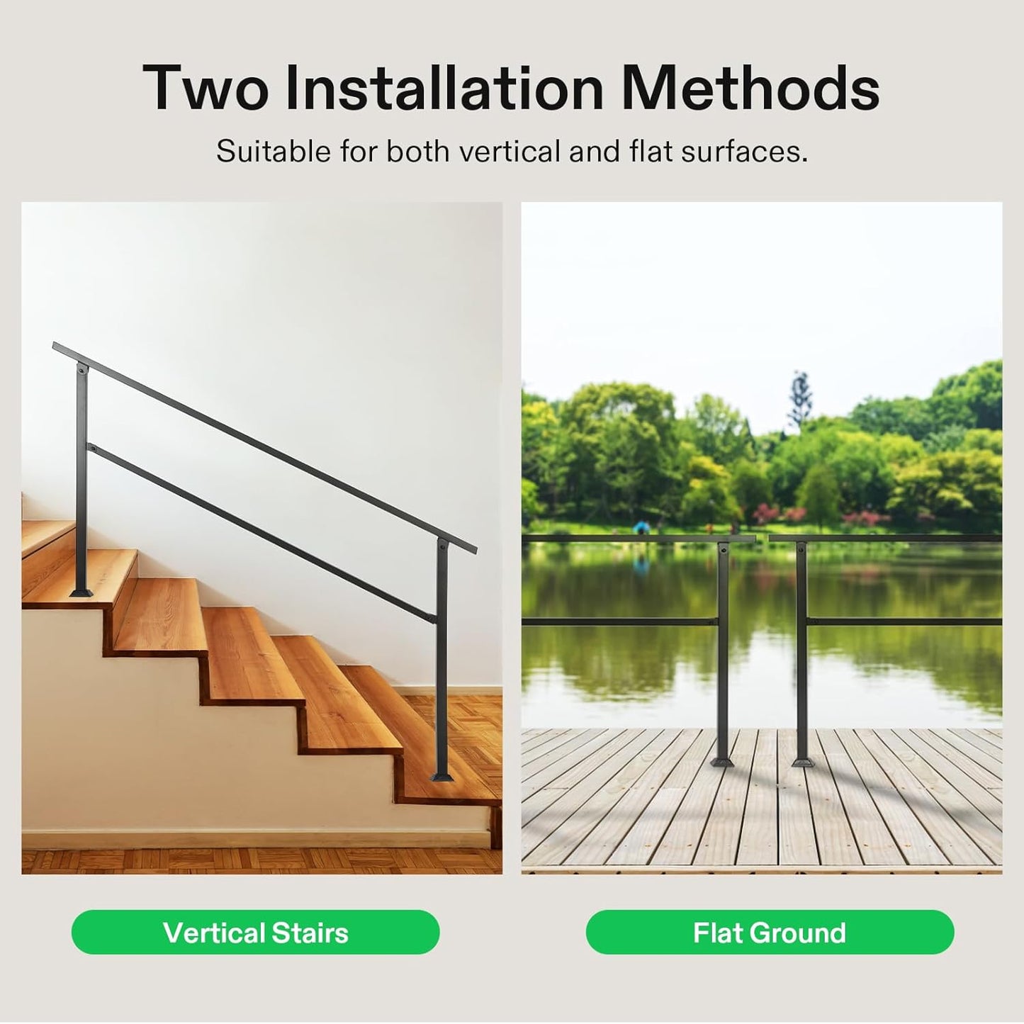 VIVOSUN 2-Pack Outdoor Handrail, 4 Step Stair Handrail, 54" x 36" Fits 1 to 4 Steps, Wrought Mattle Iron Handrail for Concrete Steps, Porch Steps, One-Step Assembly, 2 Packs, Black