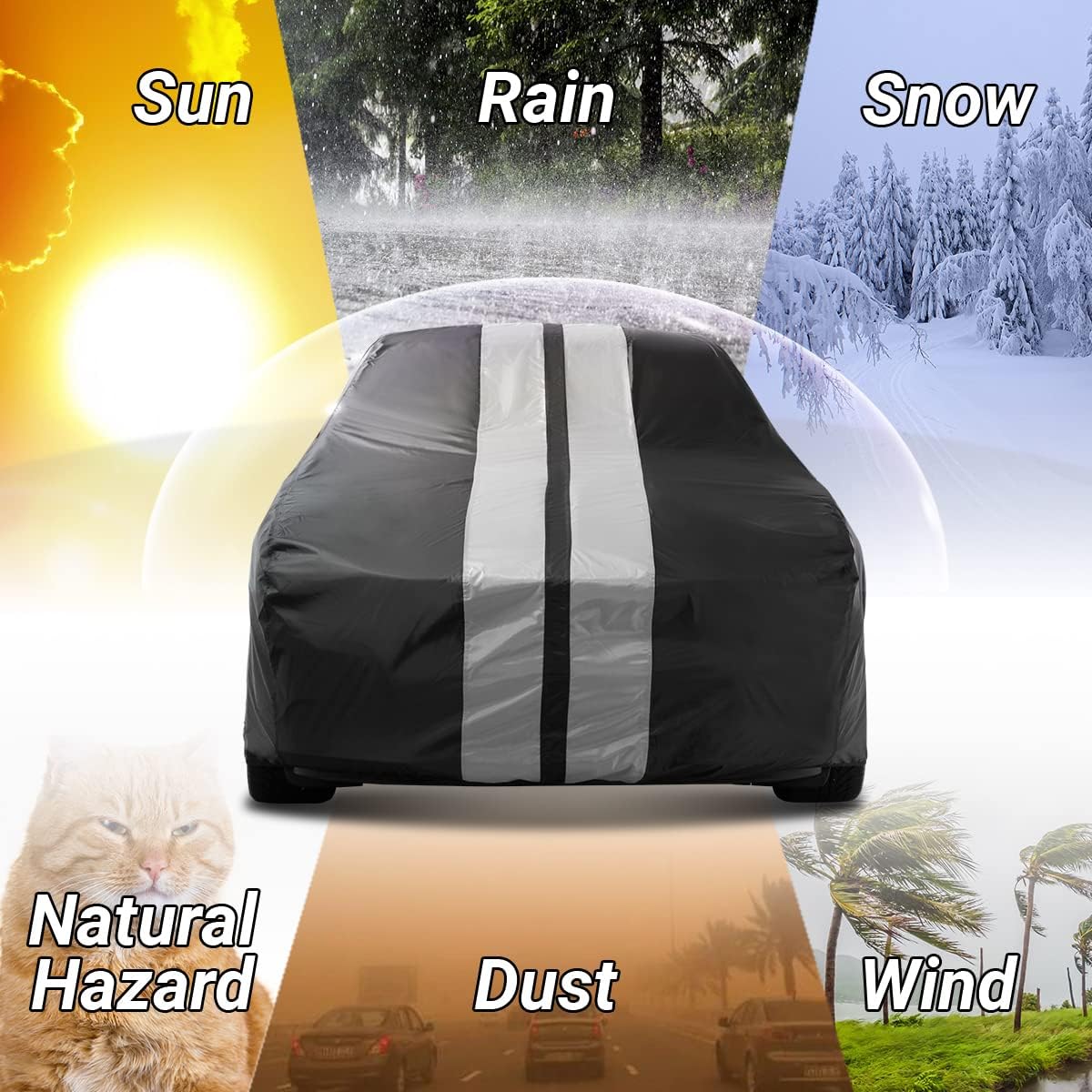 iCarCover Custom Car Cover for 2005-2025 Ford Mustang GT, Ecoboost, Mach 1, V6 Waterproof All Weather Rain Snow UV Sun Protector Full Exterior Indoor Outdoor Car Cover (Stripe - Black/Gray)