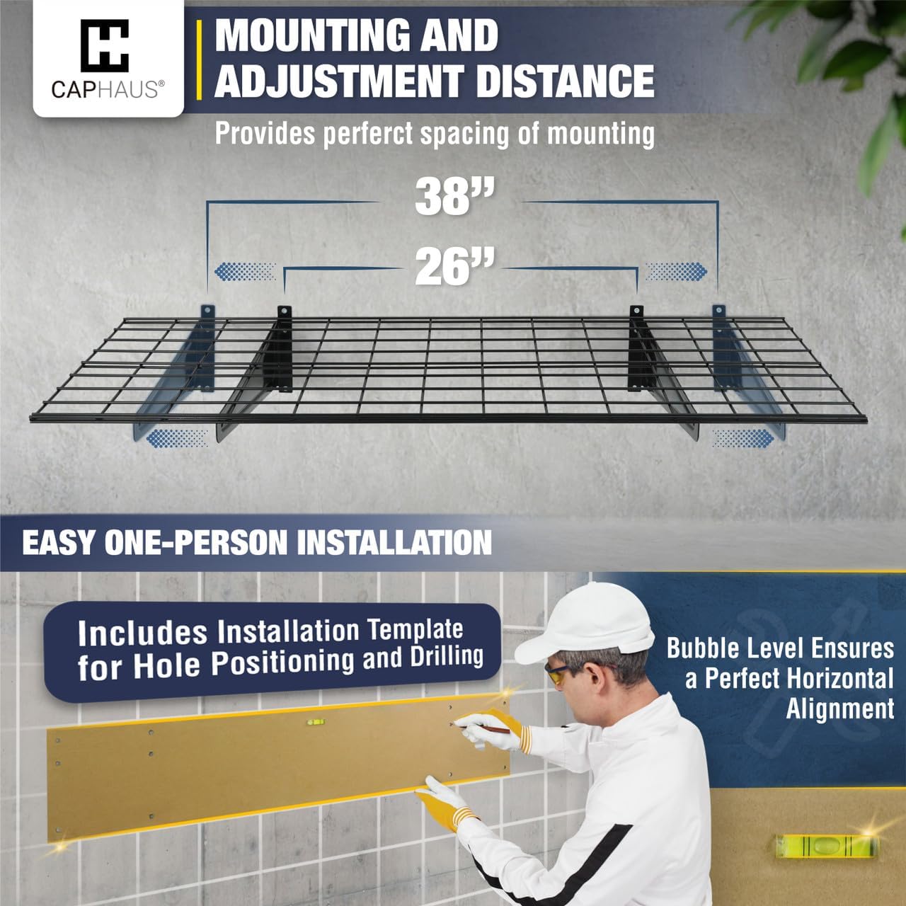 Fencer Wall Mounted Garage Shelving - 48 in. W x 18 in. D, White, Heavy Duty, 2 Hooks, 500lb Capacity