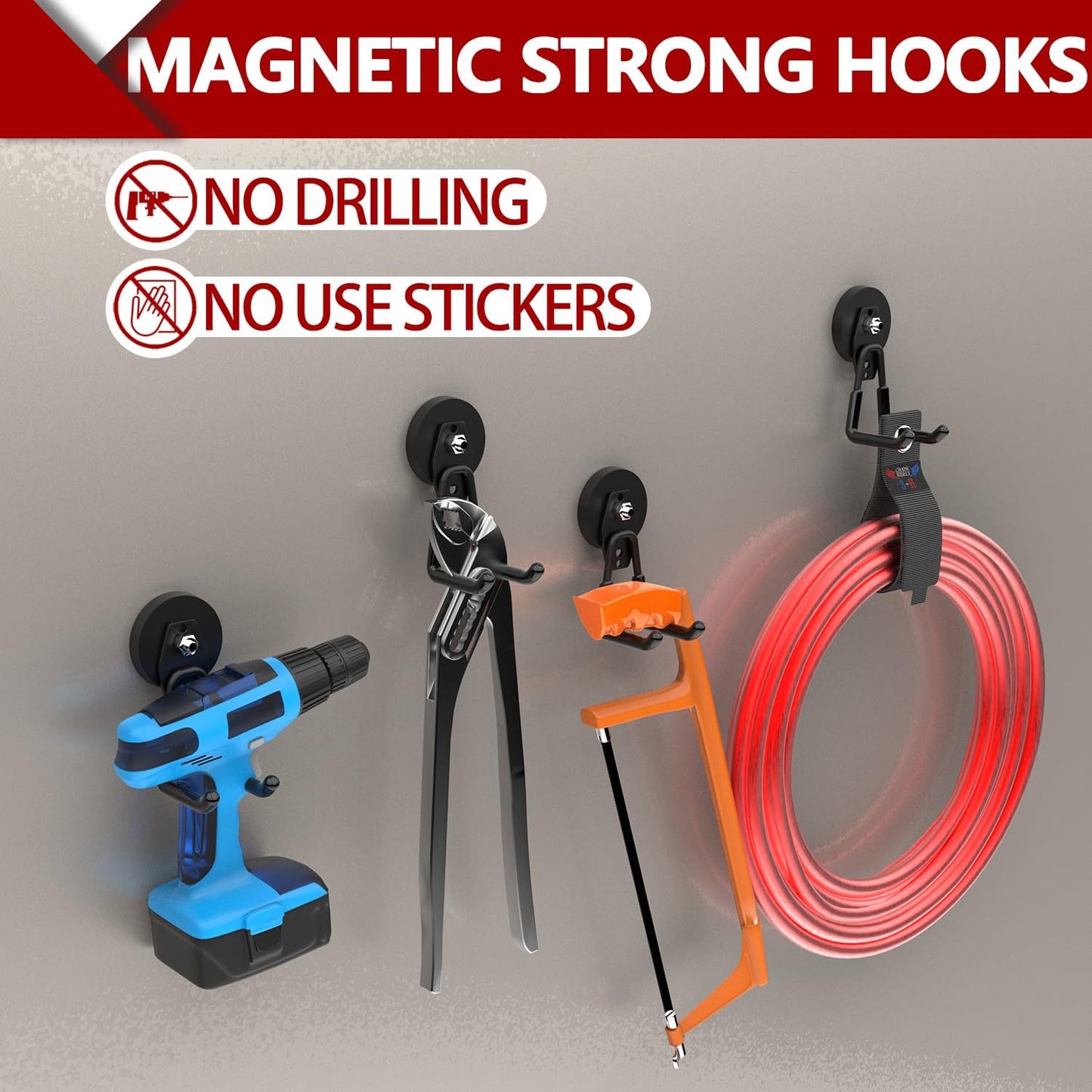 3-H Heavy Duty Magnet Garage Hooks 2 Pack, Large Strong Magnetic Hooks for Hanging Cordless Power Drill, Utility Magnetic Tool Holder for Metal Cabinet, Steel Pegboard, Toolbox, Garage(Black)