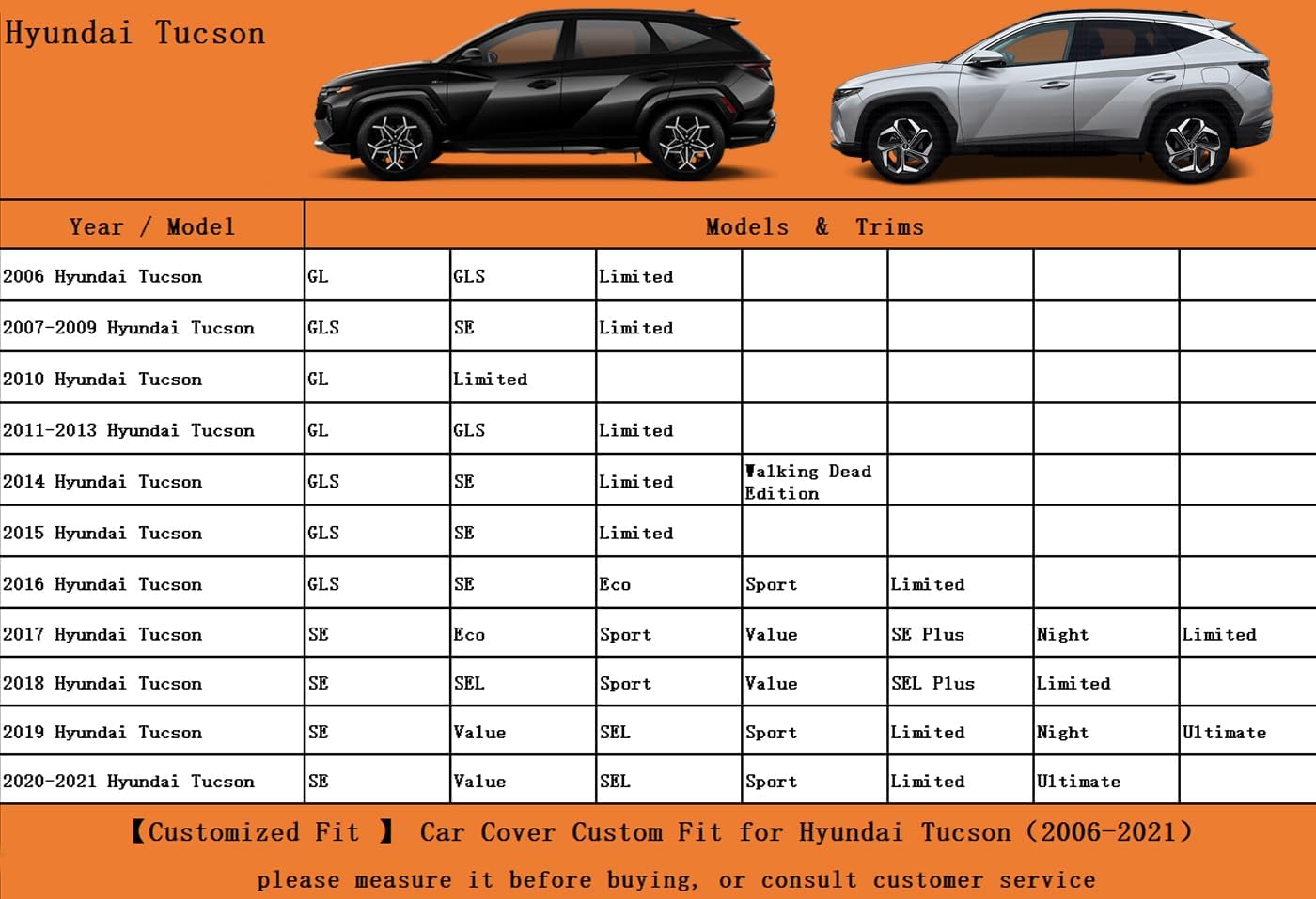 Kayme 7 Layers SUV Car Cover Custom Fit for Hyundai Tucson (2004-2025) Waterproof All Weather for Automobiles, Outdoor Full Cover Rain Sun UV Protection.Black