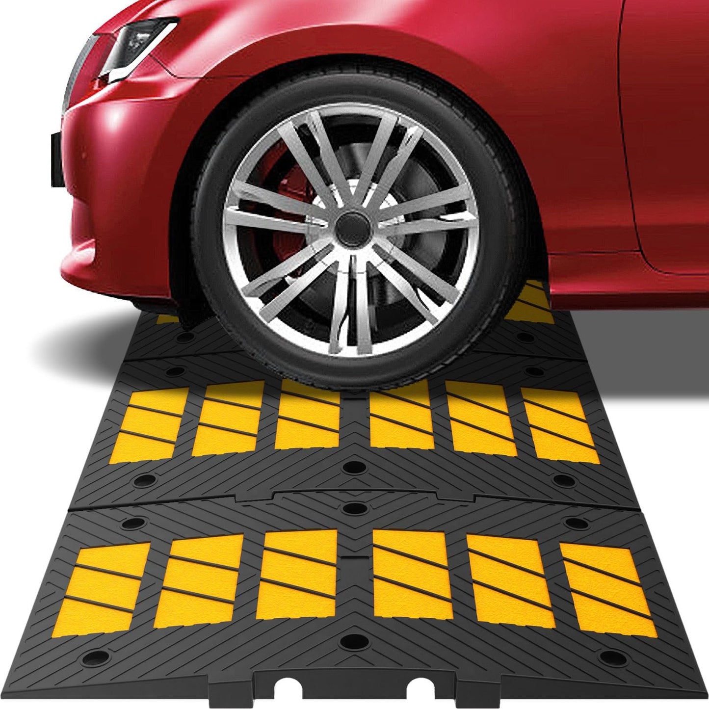 Heavy-Duty Rubber Speed Humps, 35" Width & Interlock Extension Length, Road Humps Bumps for Saftey Combinable, Garage Humps for Asphalt Concrete Gravel Driveway (Left and Right Ends)