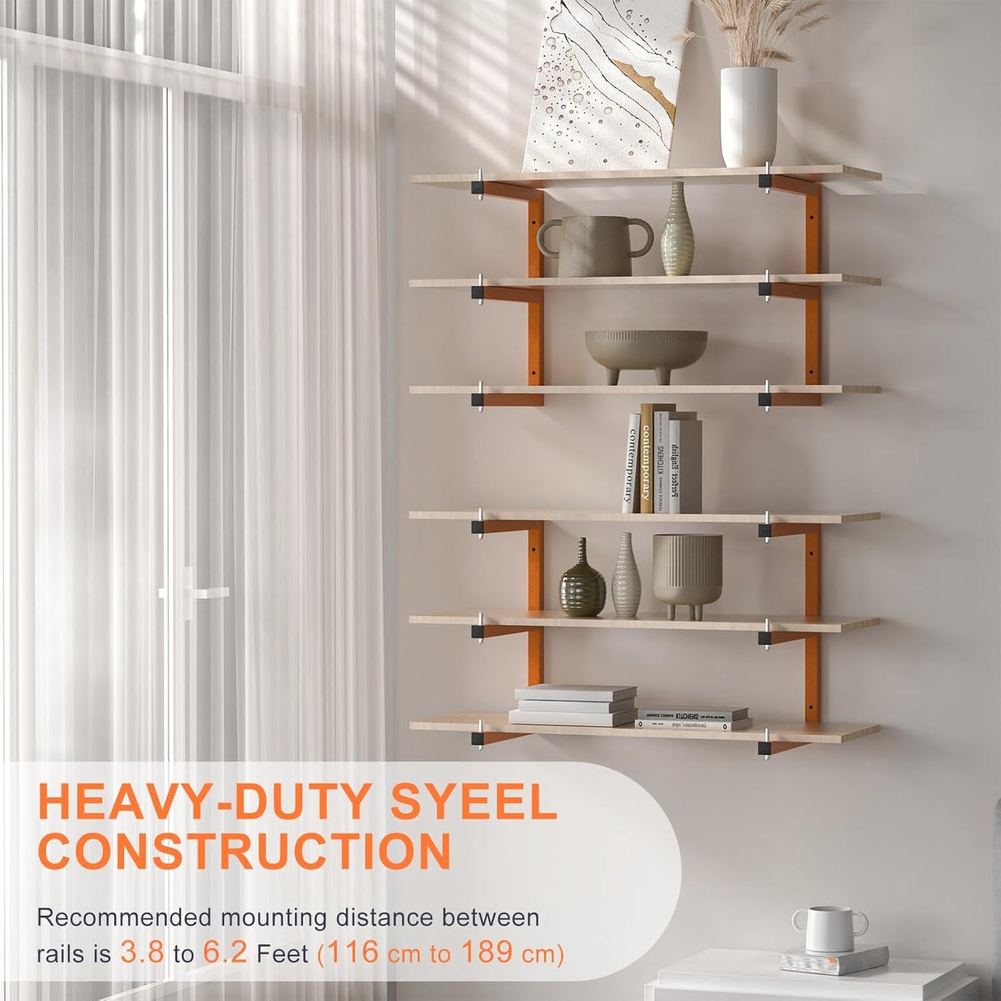 6 PACK Lumber Rack Wall-Mounted Lumber Storage Rack, Heavy Duty Wood Storage Racks With 9-Level System, 1980 LB Sturdy Garage Wood Organizer, Hanging Orange Lumber Metal Racks for Indoor & Outdoor