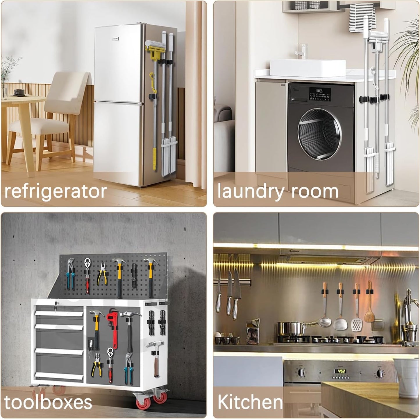 3-H Magnetic Broom Holder with Strong Magnetic Hook 8 Pack,Broom Holder Wall Mount for Garage Garden Shed Storage System Laundry Room Home Kitchen Organization