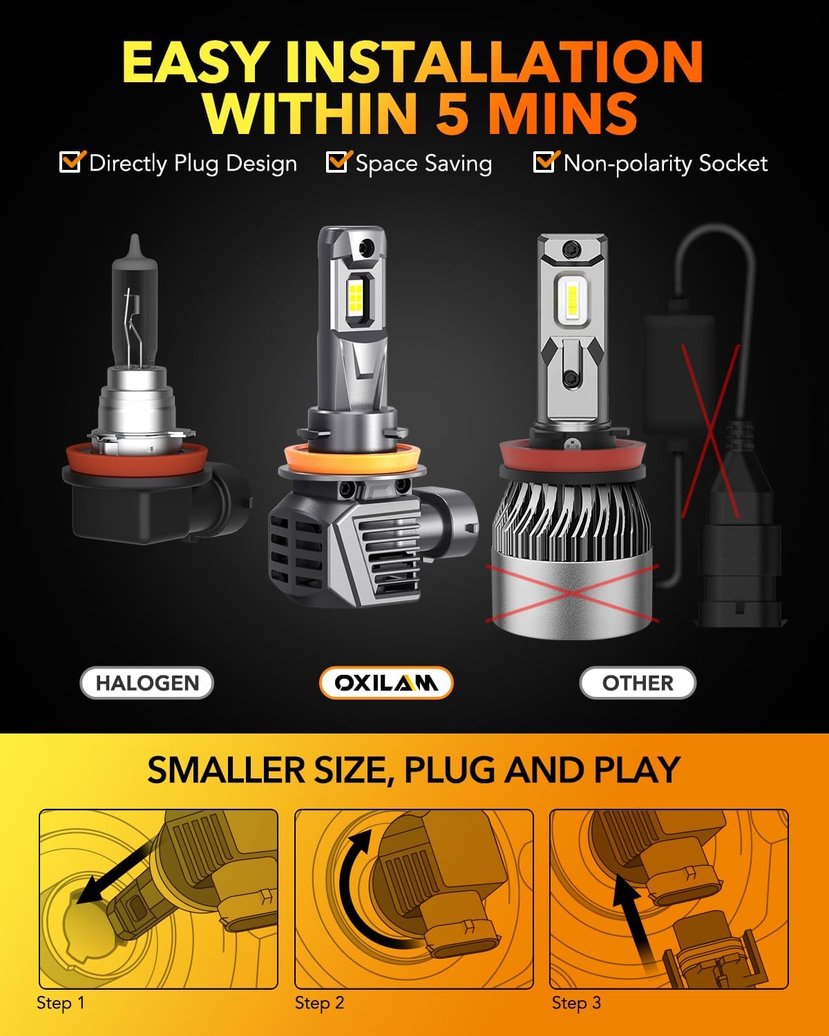 OXILAM M5S H11 9005 Light Bulbs Combo, 80000LM 900% Brighter 6500K Cool White, 9005/HB3 Hi-Beam H11/H9/H8 Lo-Beam Halogen Replacement, IP68 Waterproof, Pack of 4