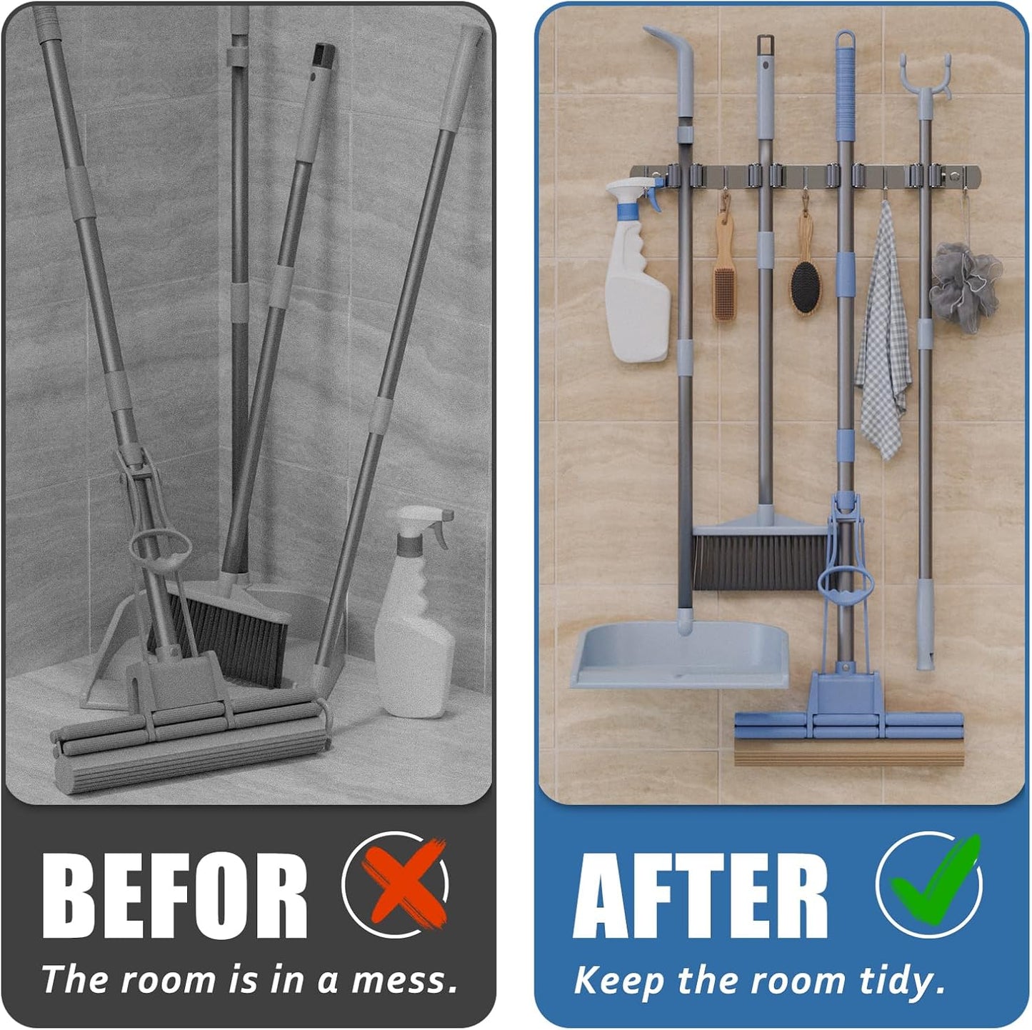 Wall Mounted Broom and Mop Organizer, Heavy Duty Stainless Steel Storage Rack for Brooms, Mops, Tools Space Saving Home Garage Organization (4 Racks with 5 Hooks)