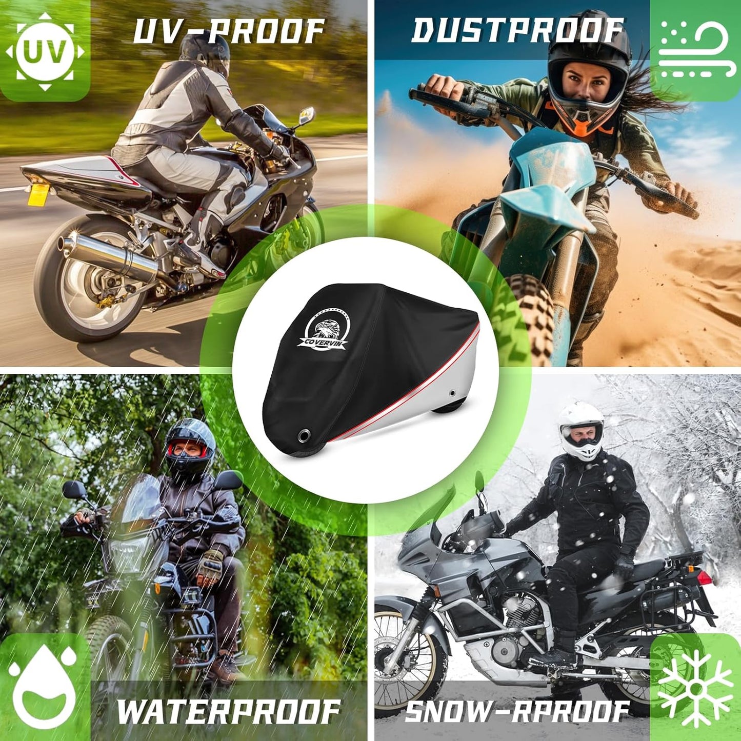 COVERVIN Motorcycle Cover, All Weather Outdoor Waterproof Night Protection with Reflective Strips, Locking Holes and Storage Bag for 104 Inch Suzuki, Kawasaki, Honda, Harley-Davidson(Silver XXL)